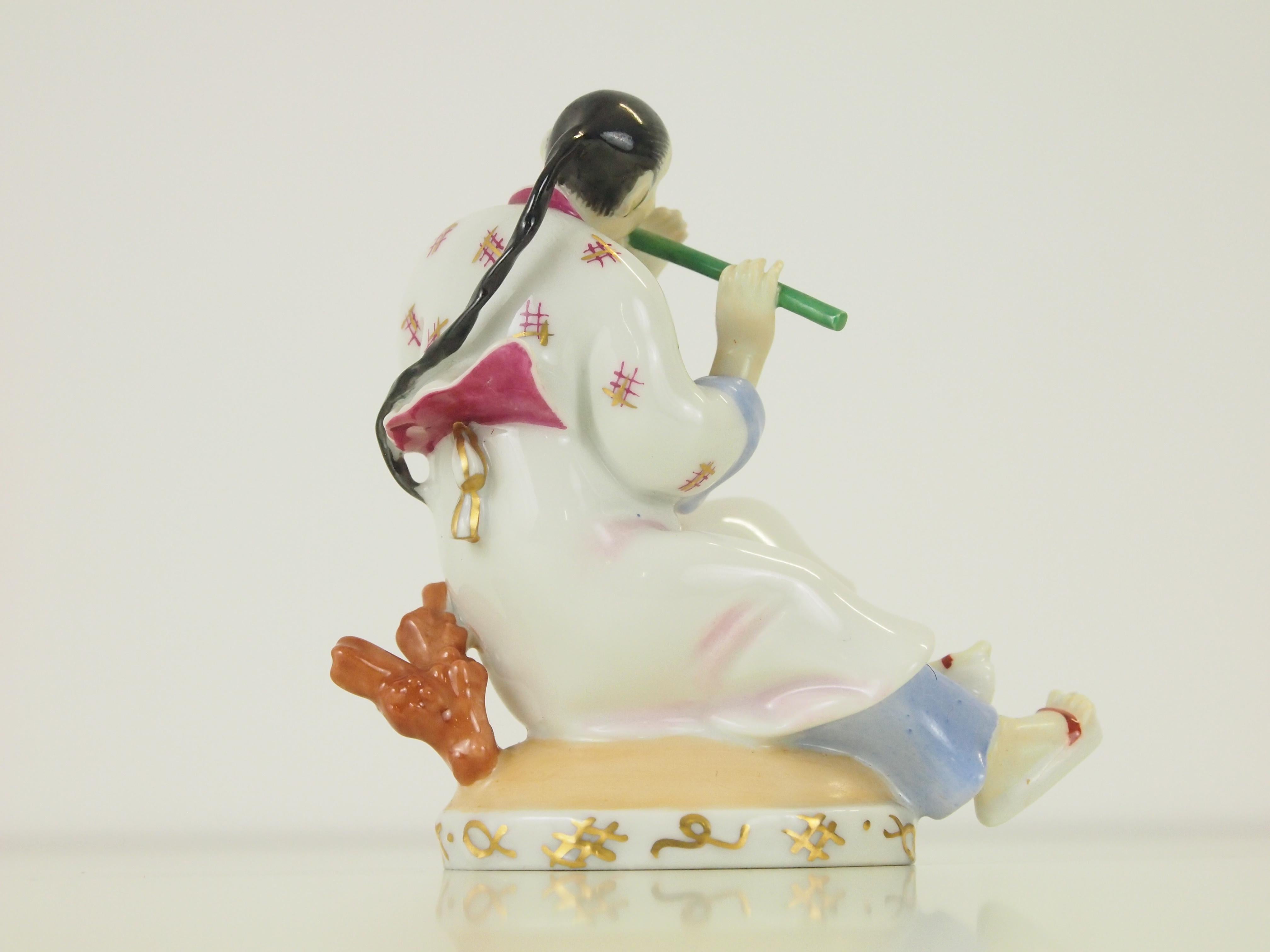 Hand-Painted Augarten Wien Porcelain Figurine of a Chinese Man with Flute For Sale