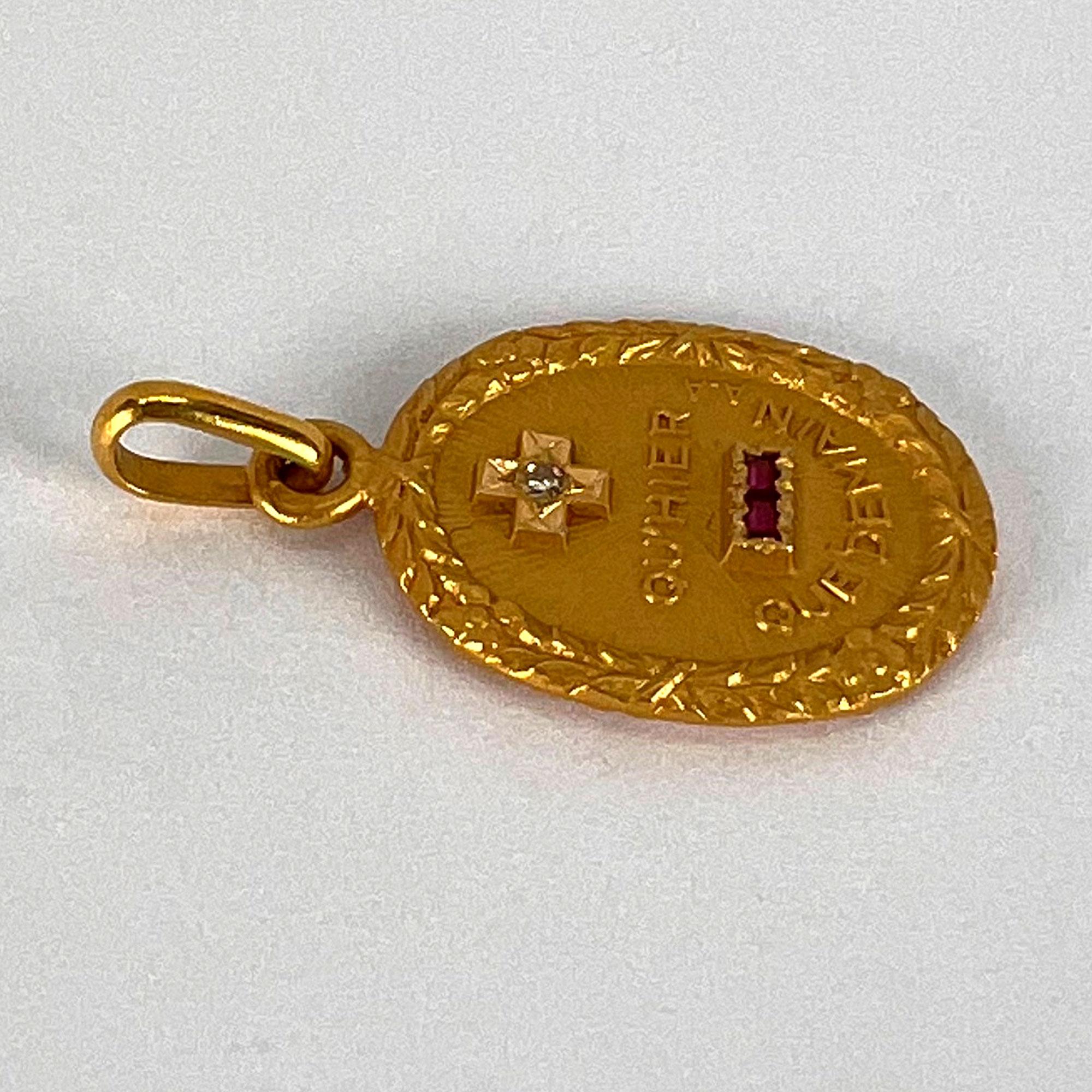 Augis French Oval Plus Qu’hier Ruby Diamond 18K Yellow Gold Love Charm Pendant 2