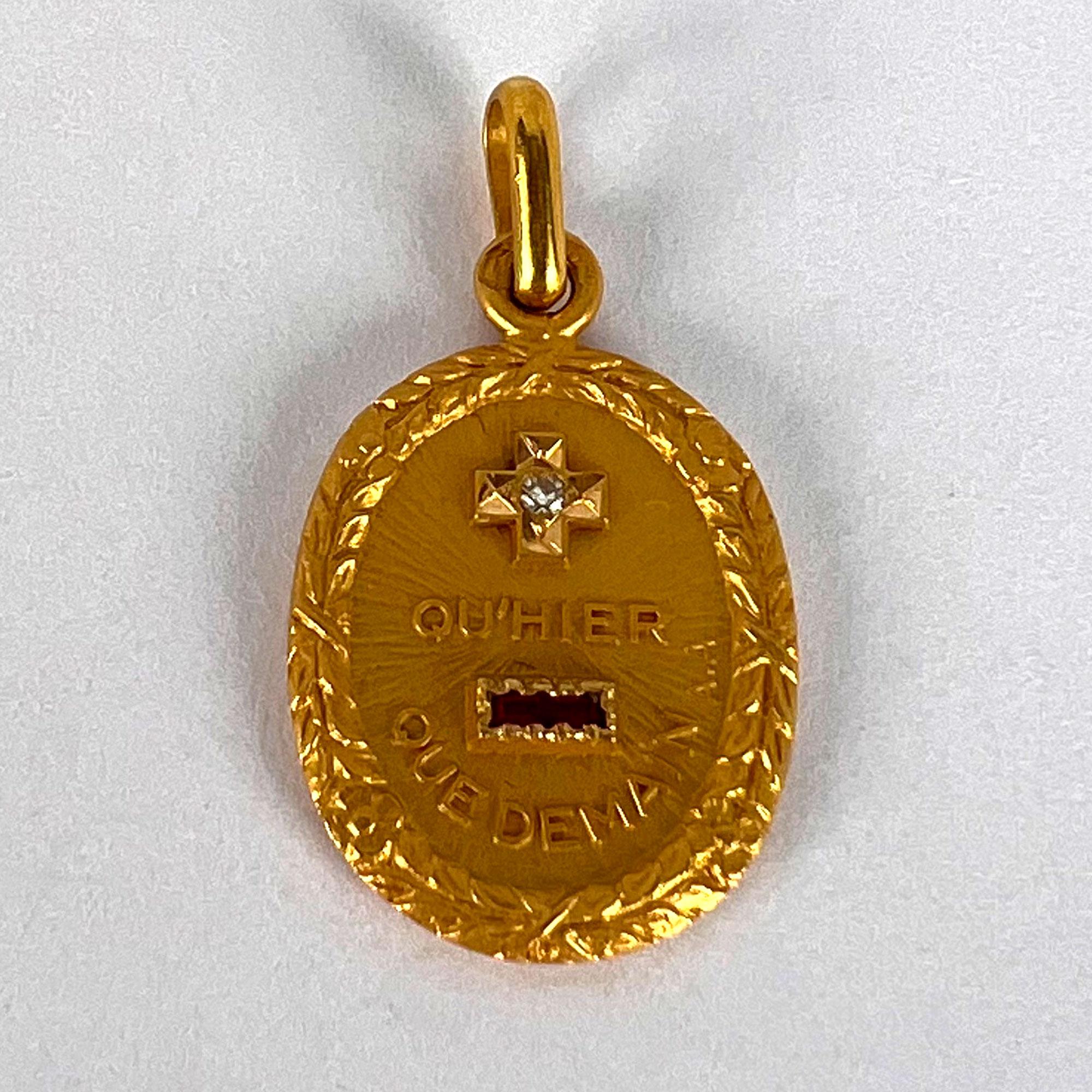 Women's or Men's Augis French Oval Plus Qu’hier Ruby Diamond 18K Yellow Gold Love Charm Pendant