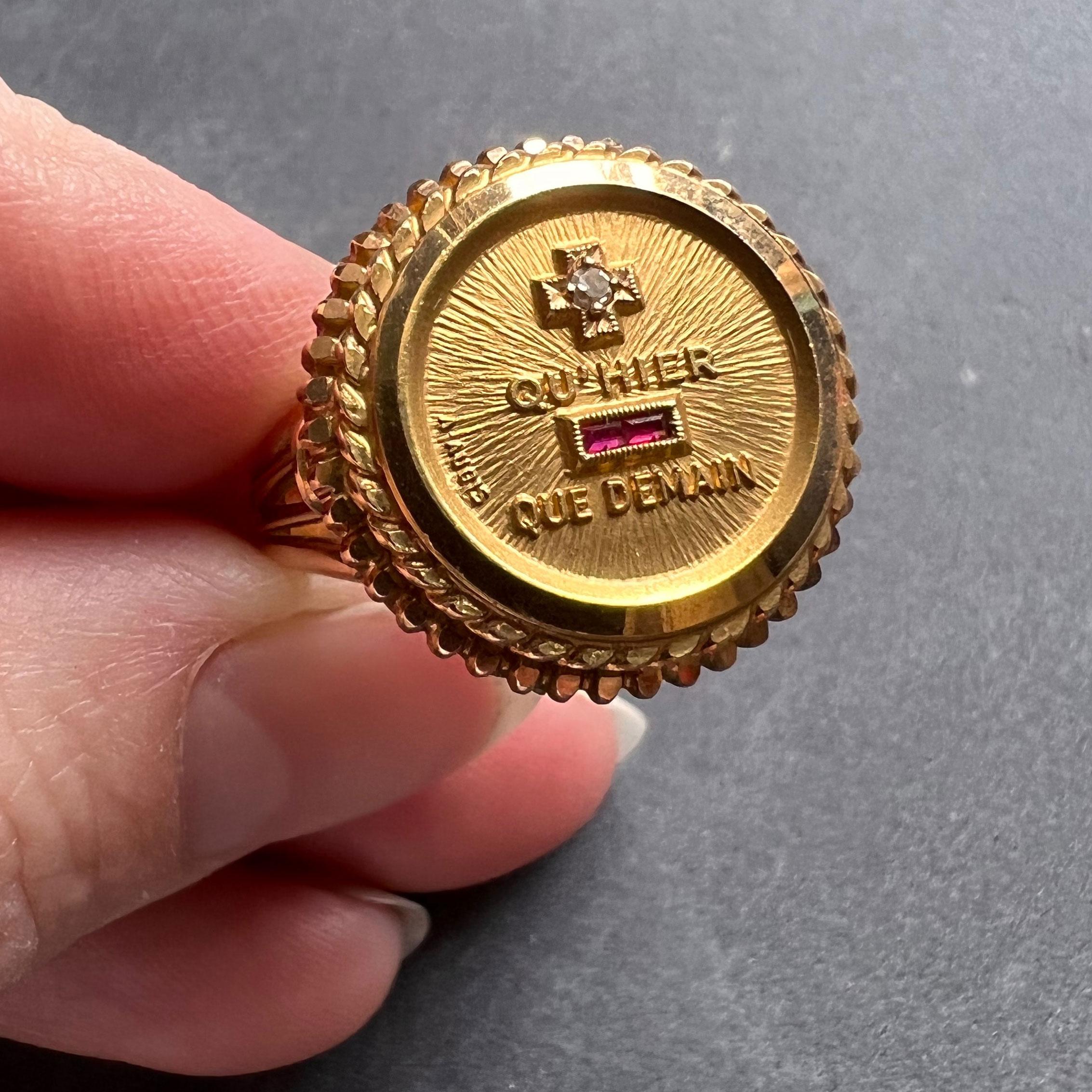 Augis French Plus Hier Ruby Diamond 18K Yellow Gold Love Token Ring In Good Condition In London, GB