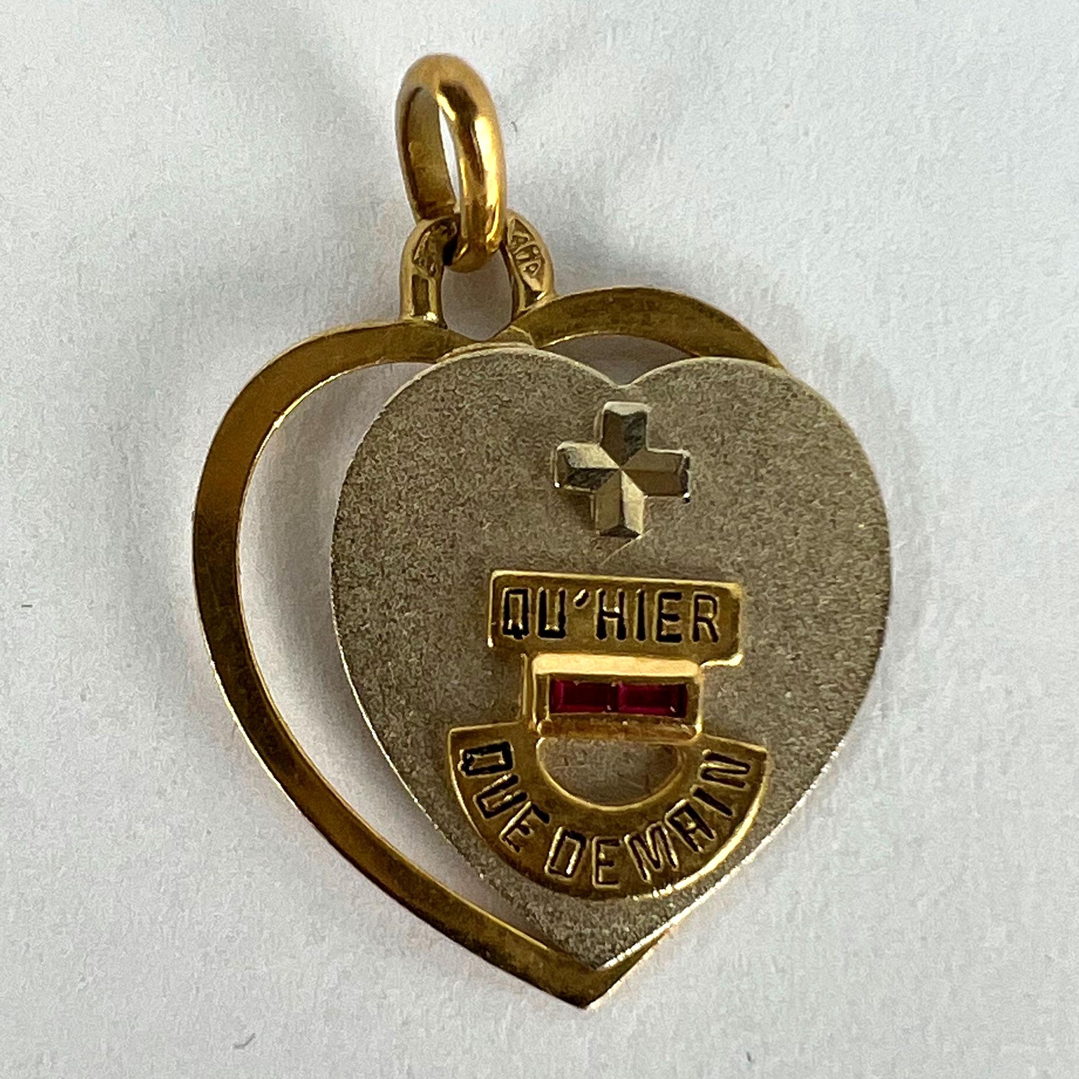 Augis French Plus Qu’Hier Heart Ruby 18K Yellow White Gold Love Charm Pendant For Sale 3
