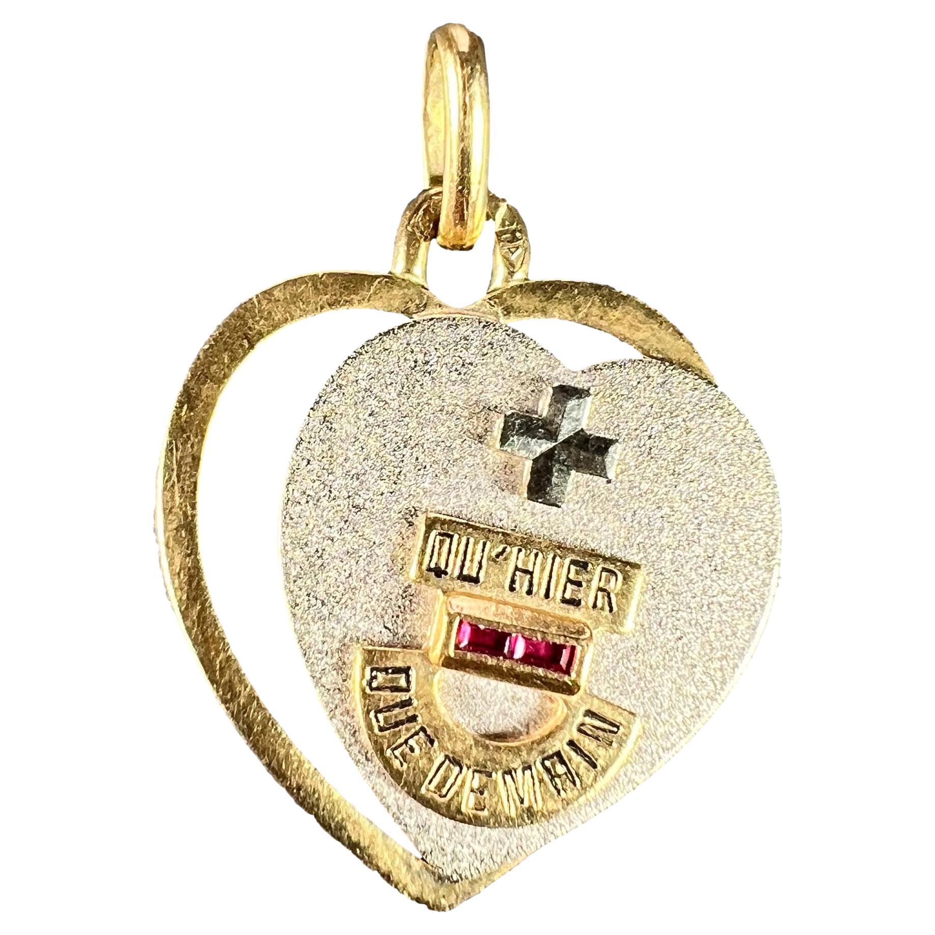 Augis French Plus Qu’Hier Heart Ruby 18K Yellow White Gold Love Charm Pendant For Sale