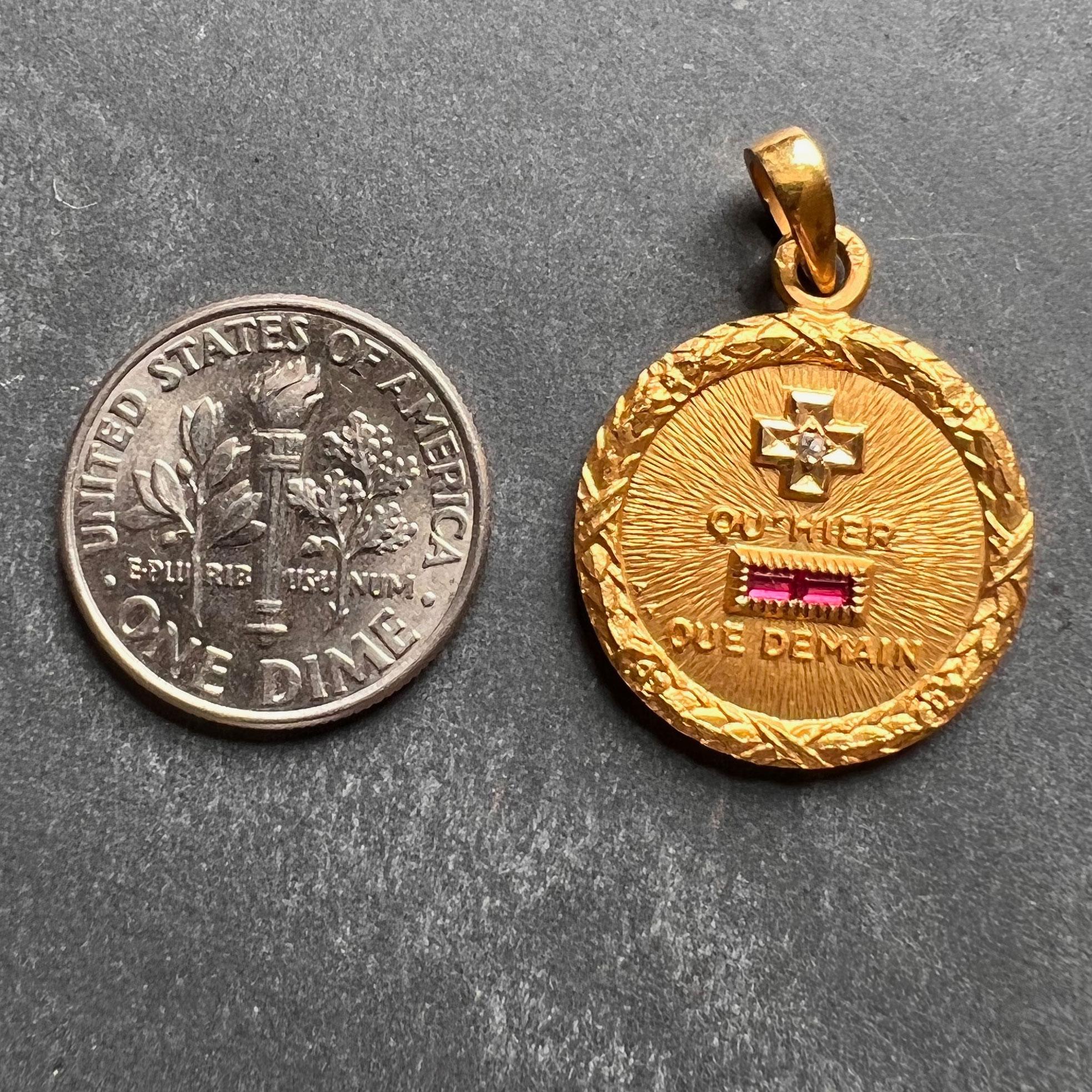 Augis French Plus Qu’Hier Ruby Diamond 18K Yellow Gold Love Charm Pendant In Good Condition In London, GB