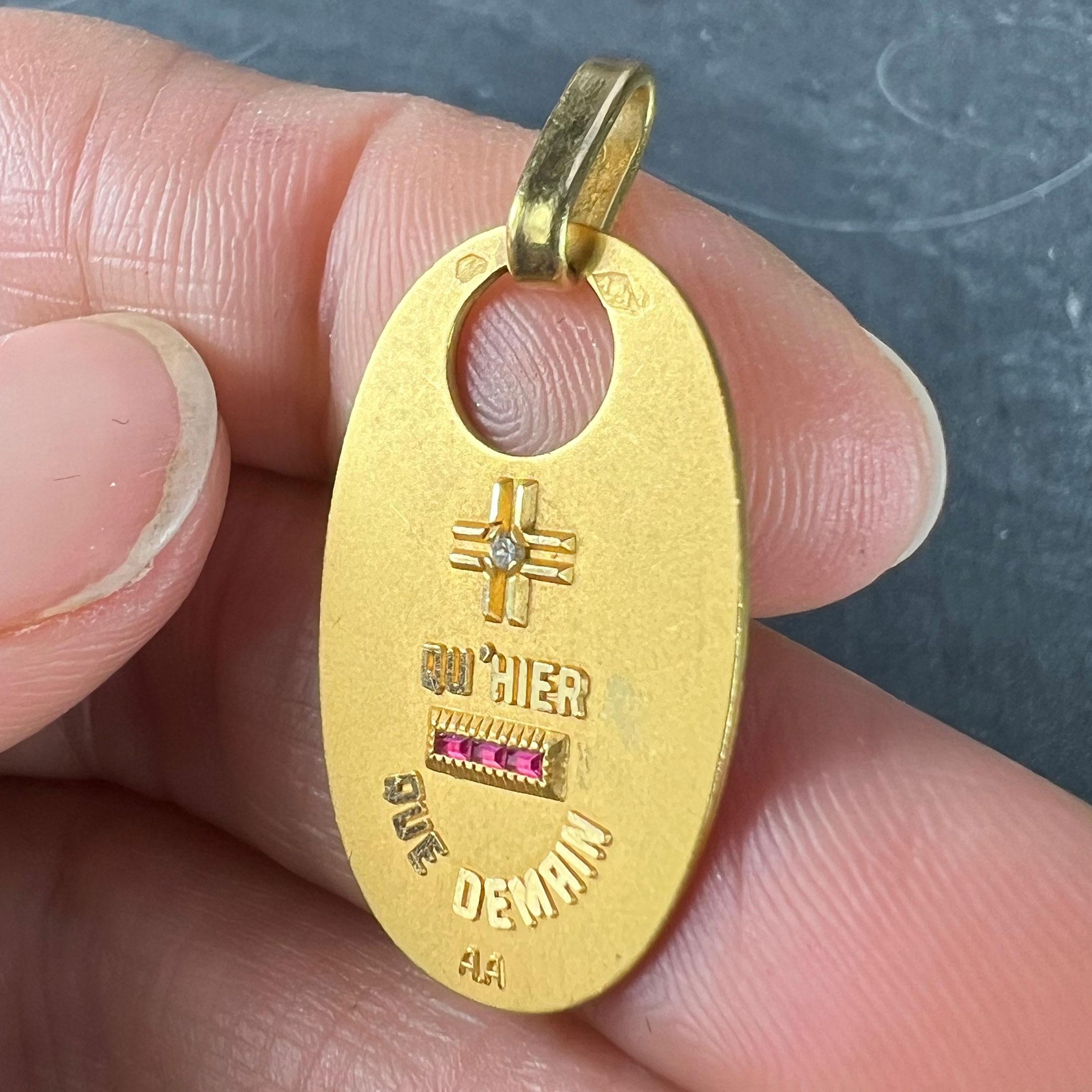 Augis French Plus Qu’Hier Ruby Diamond 18K Yellow Gold Love Charm Pendant In Good Condition For Sale In London, GB