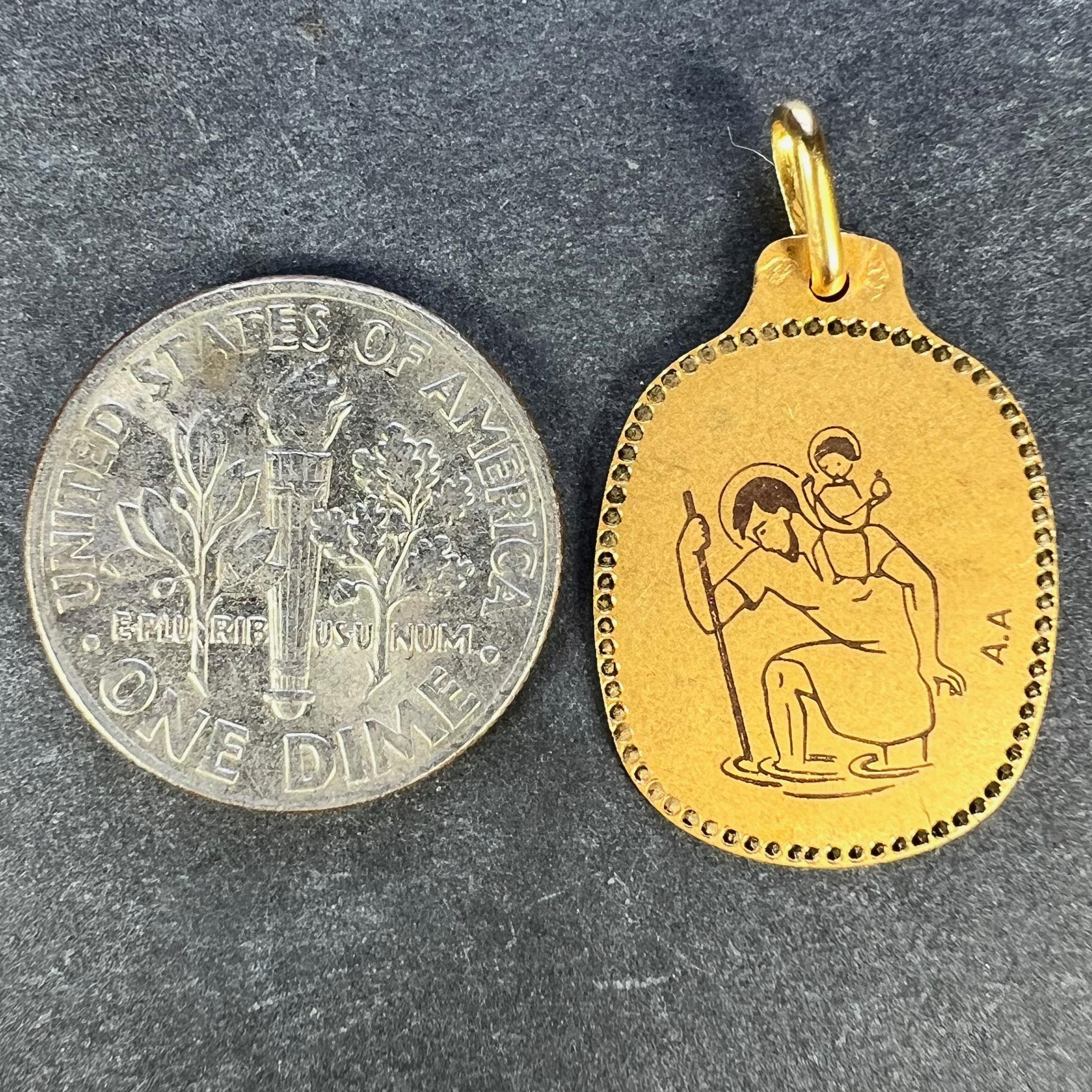 Augis French Saint Christopher 18K Yellow Gold Black Enamel Medal Pendant For Sale 6