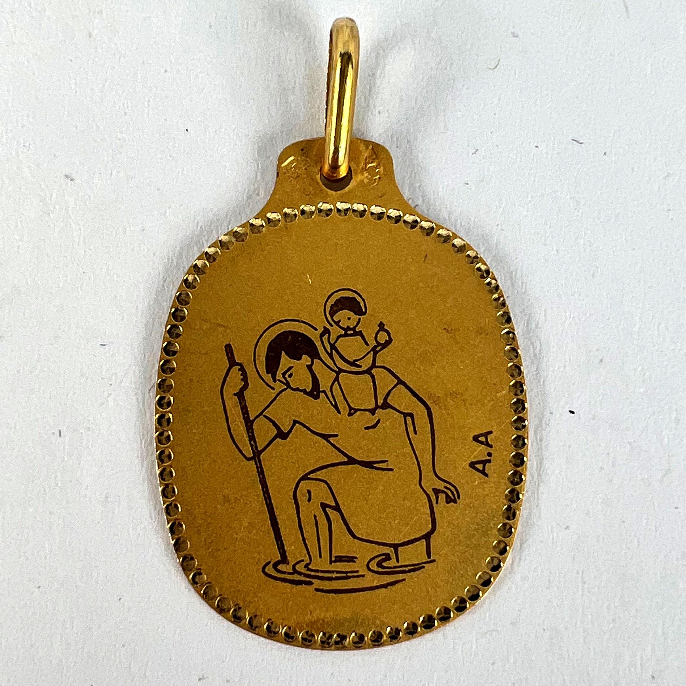 Augis French Saint Christopher 18K Yellow Gold Black Enamel Medal Pendant For Sale 7