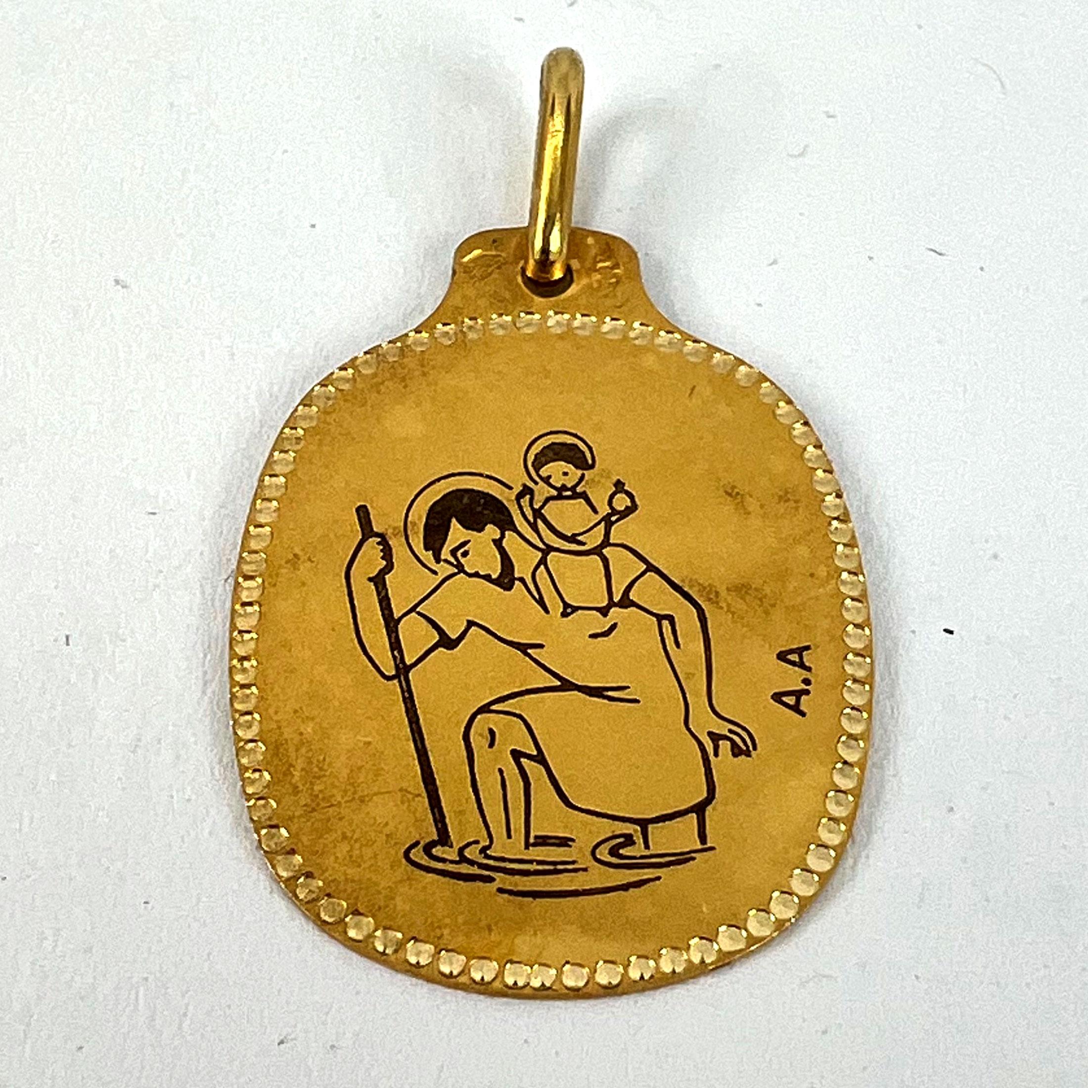 Augis French Saint Christopher 18K Yellow Gold Black Enamel Medal Pendant For Sale 8