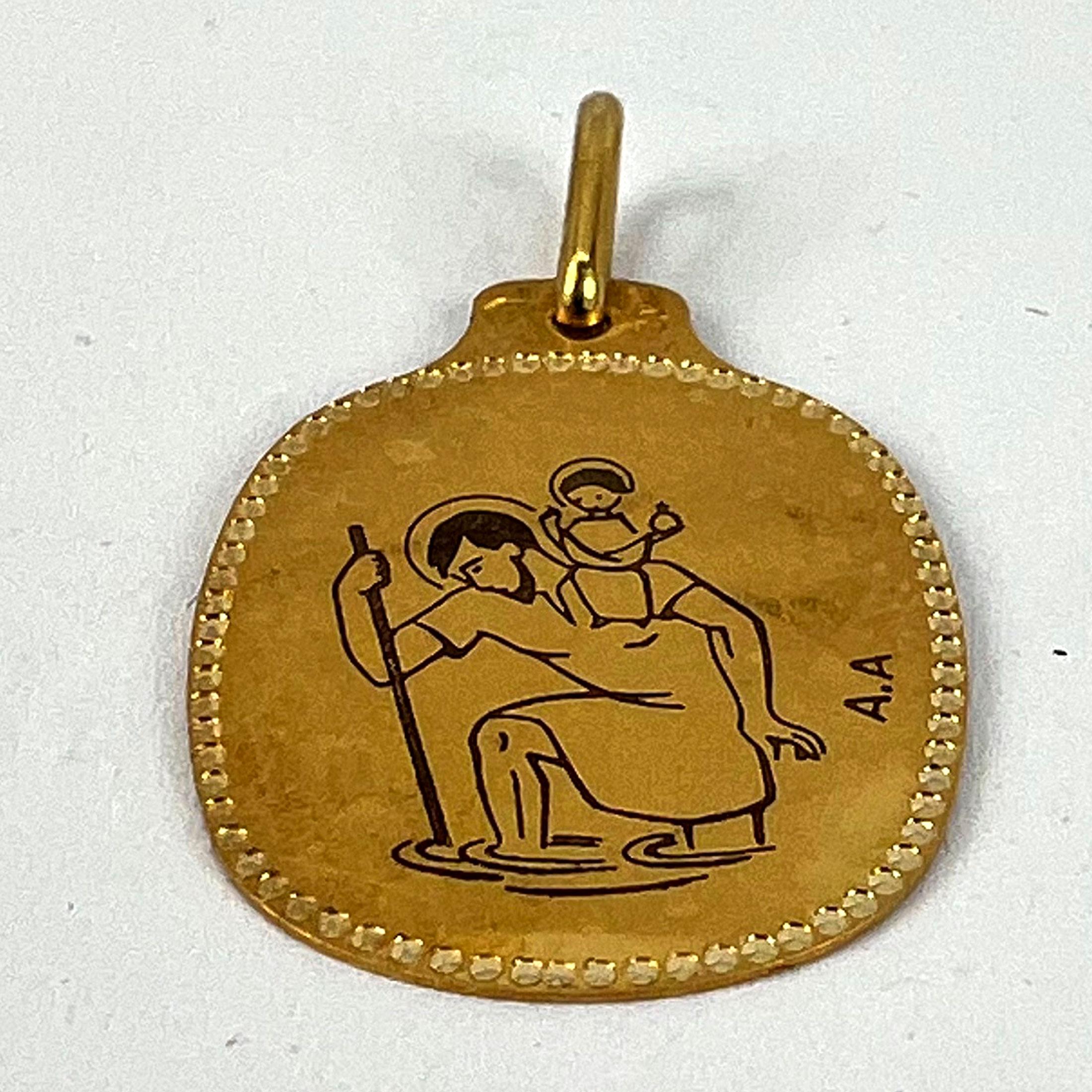 Augis French Saint Christopher 18K Yellow Gold Black Enamel Medal Pendant For Sale 9