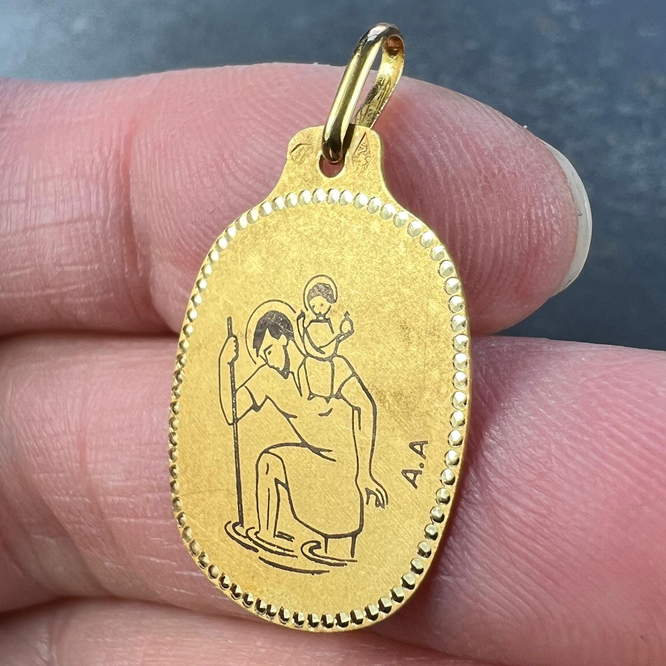 Augis French Saint Christopher 18K Yellow Gold Black Enamel Medal Pendant In Good Condition For Sale In London, GB