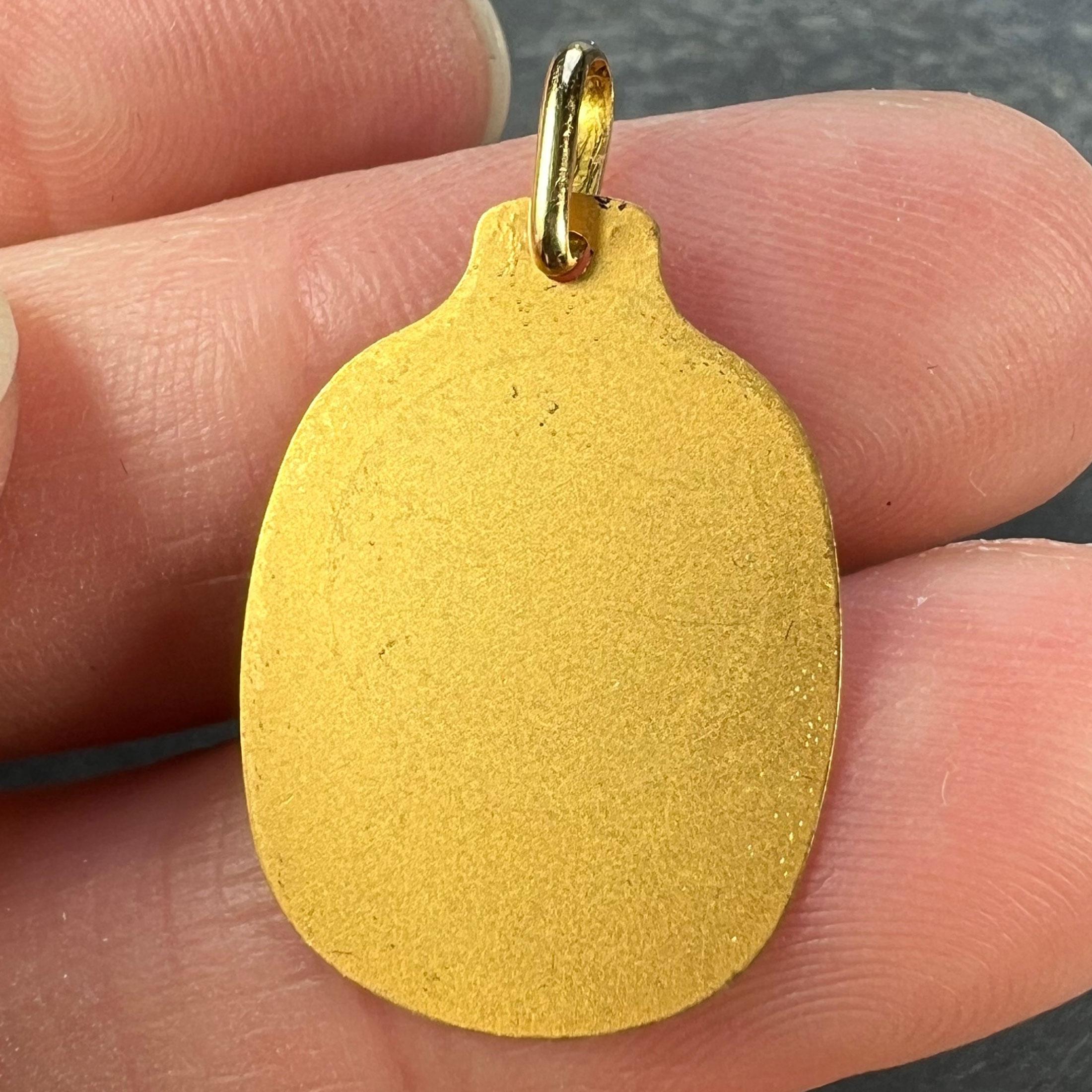 Augis French Saint Christopher 18K Yellow Gold Black Enamel Medal Pendant For Sale 4
