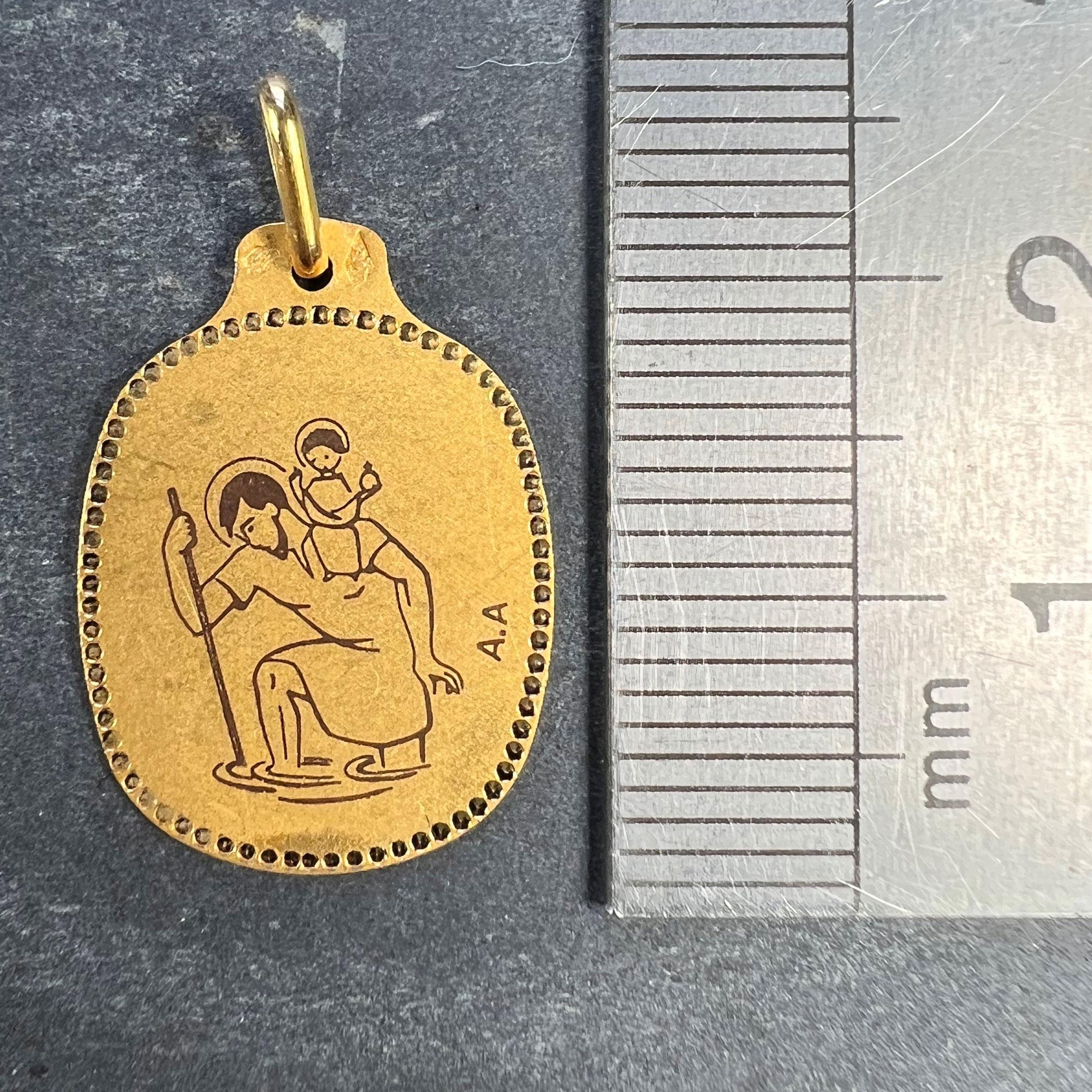 Augis French Saint Christopher 18K Yellow Gold Black Enamel Medal Pendant For Sale 5