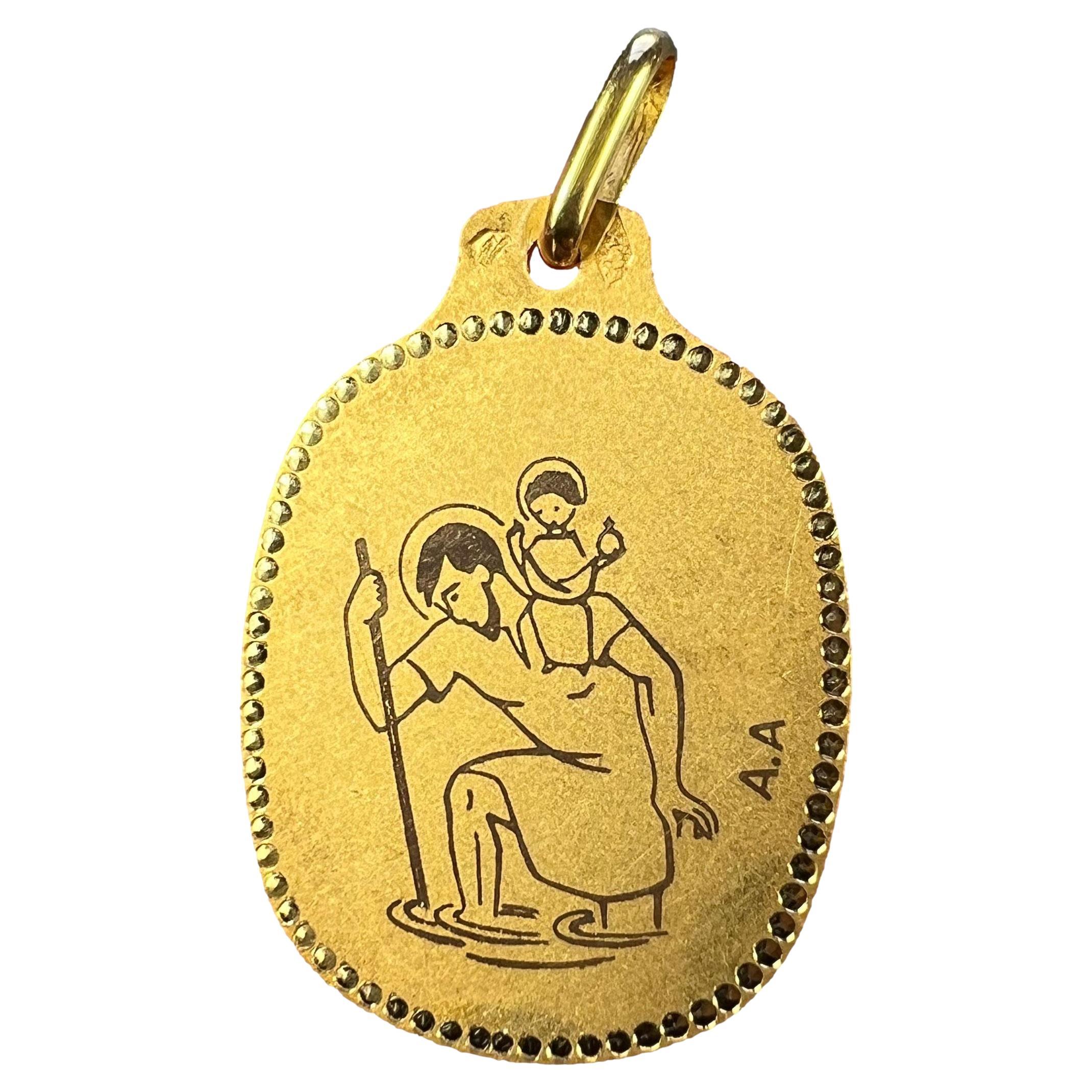 Augis French Saint Christopher 18K Yellow Gold Black Enamel Medal Pendant For Sale