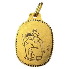 Vintage Augis French Saint Christopher 18K Yellow Gold Black Enamel Medal Pendant