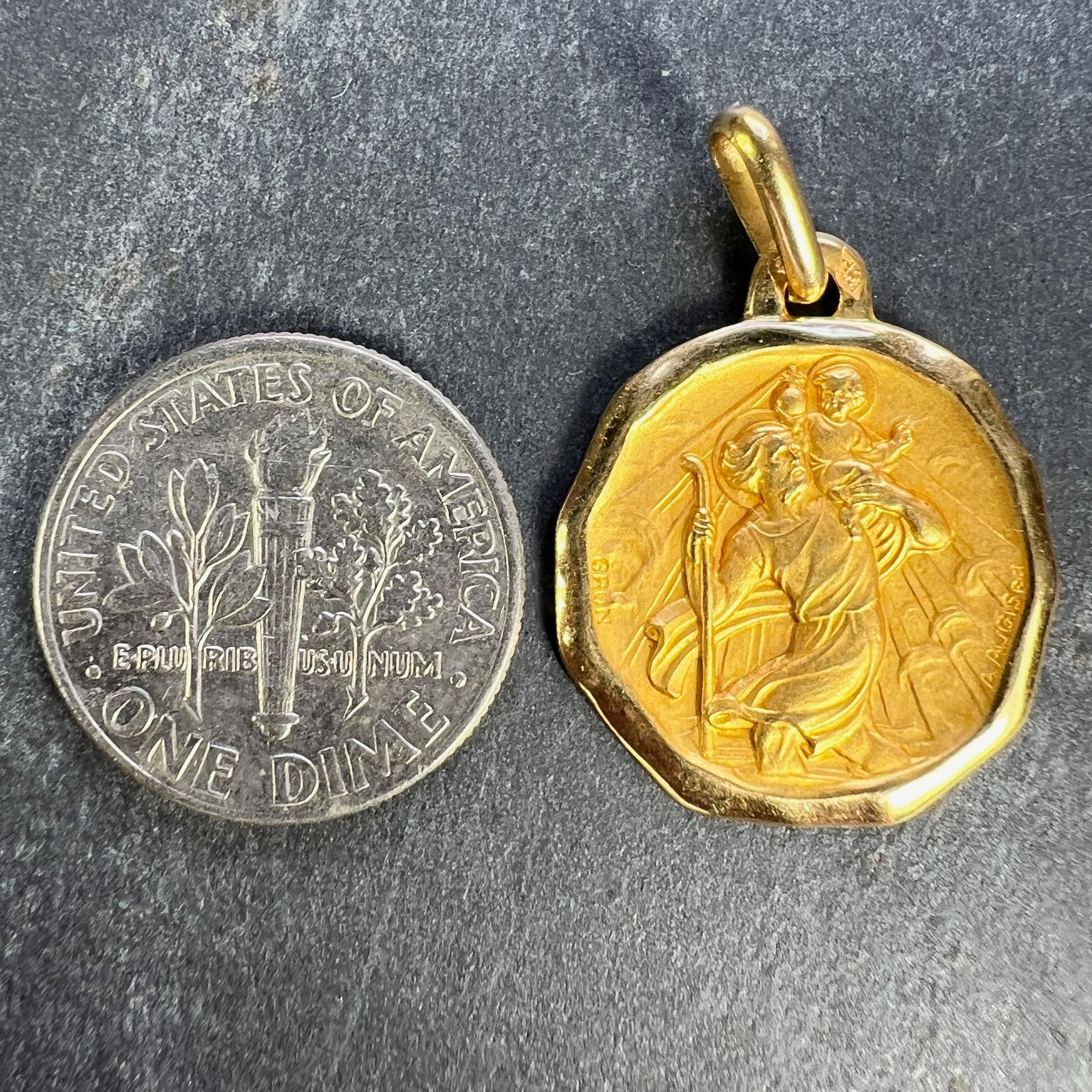 Augis Grun French Saint Christopher 18K Yellow Gold Charm Pendant For Sale 7