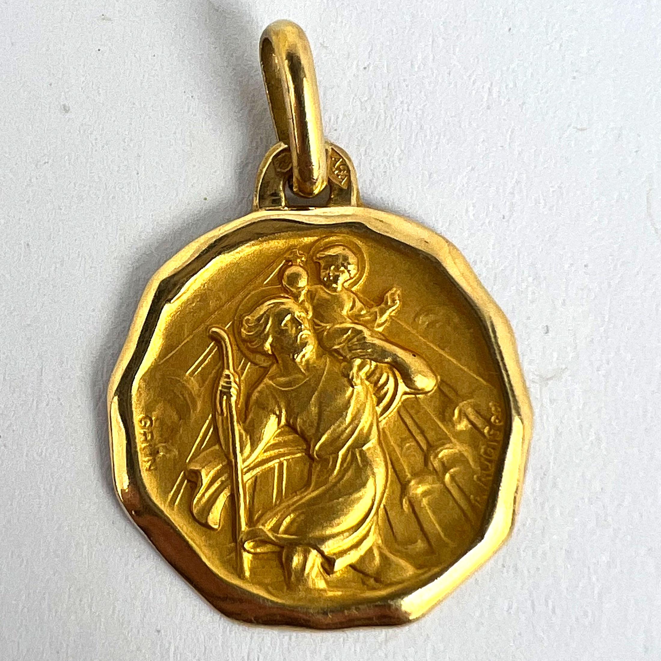 Augis Grun French Saint Christopher 18K Yellow Gold Charm Pendant For Sale 8