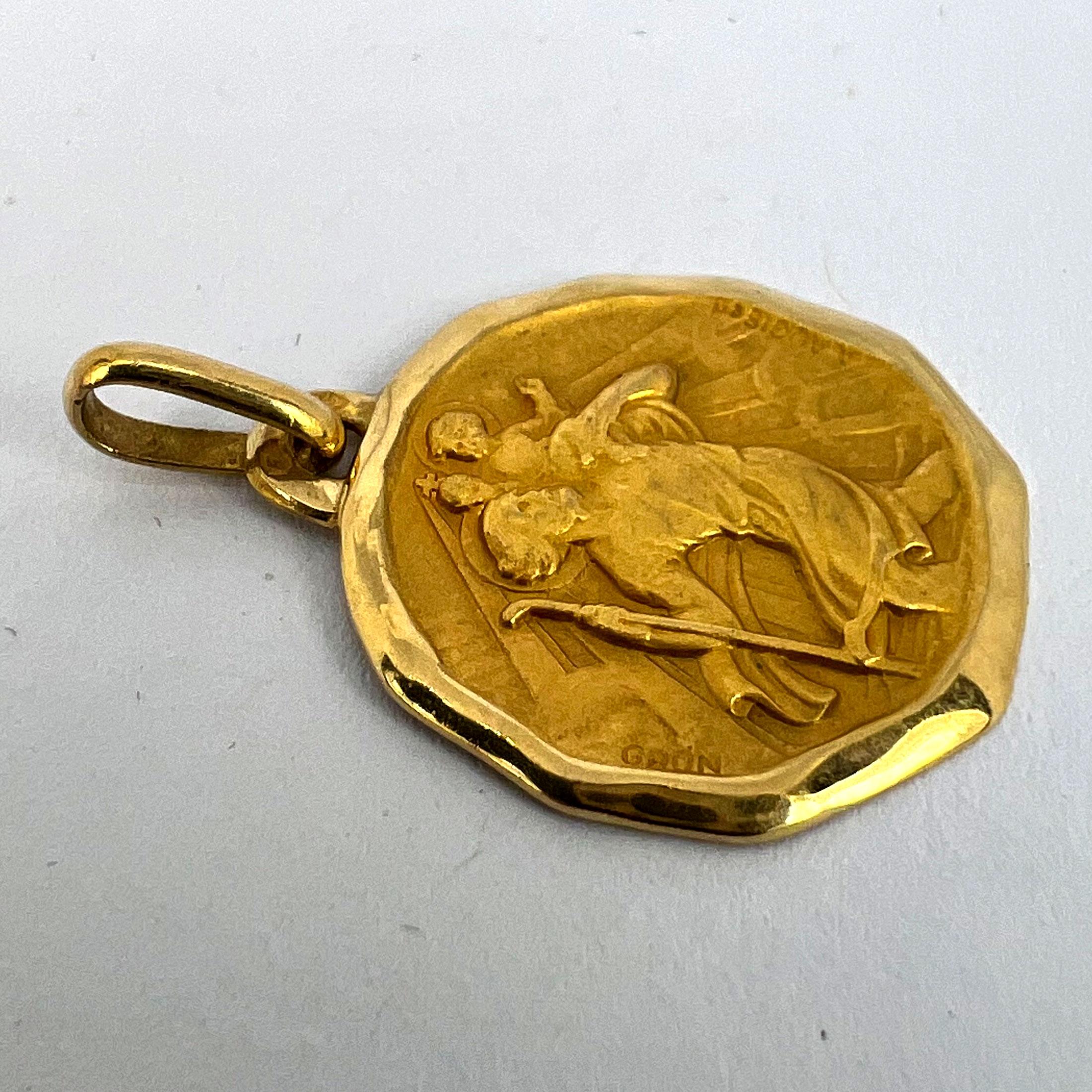 Augis Grun French Saint Christopher 18K Yellow Gold Charm Pendant For Sale 11