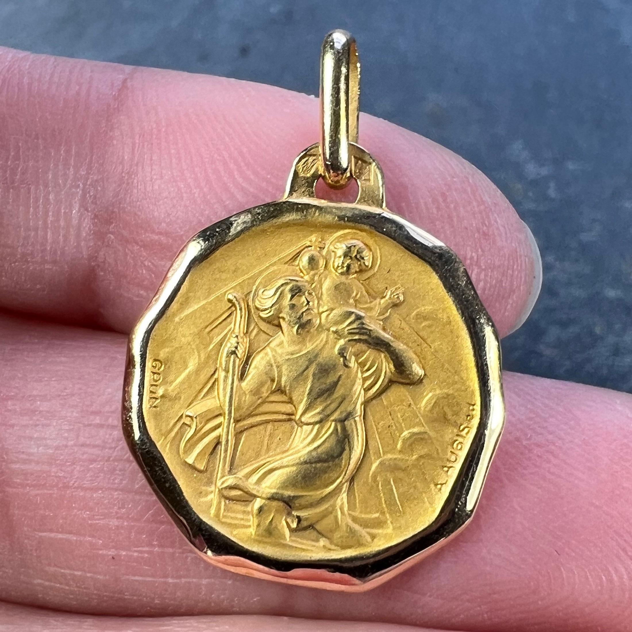 Augis Grun French Saint Christopher 18K Yellow Gold Charm Pendant For Sale 1