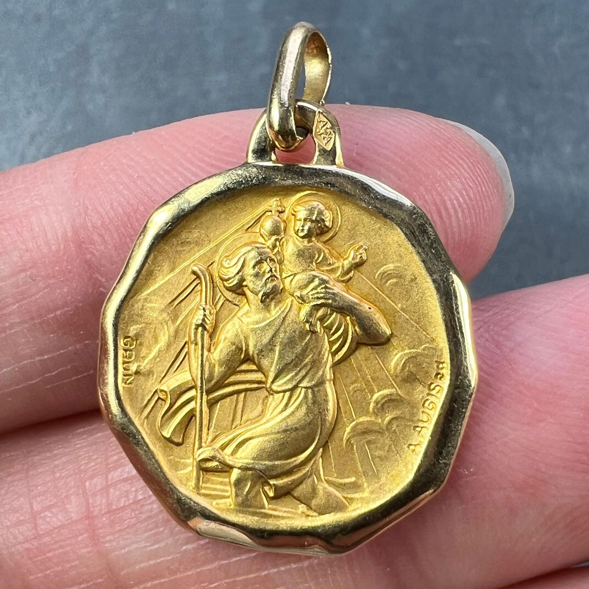 Augis Grun French Saint Christopher 18K Yellow Gold Charm Pendant For Sale 1