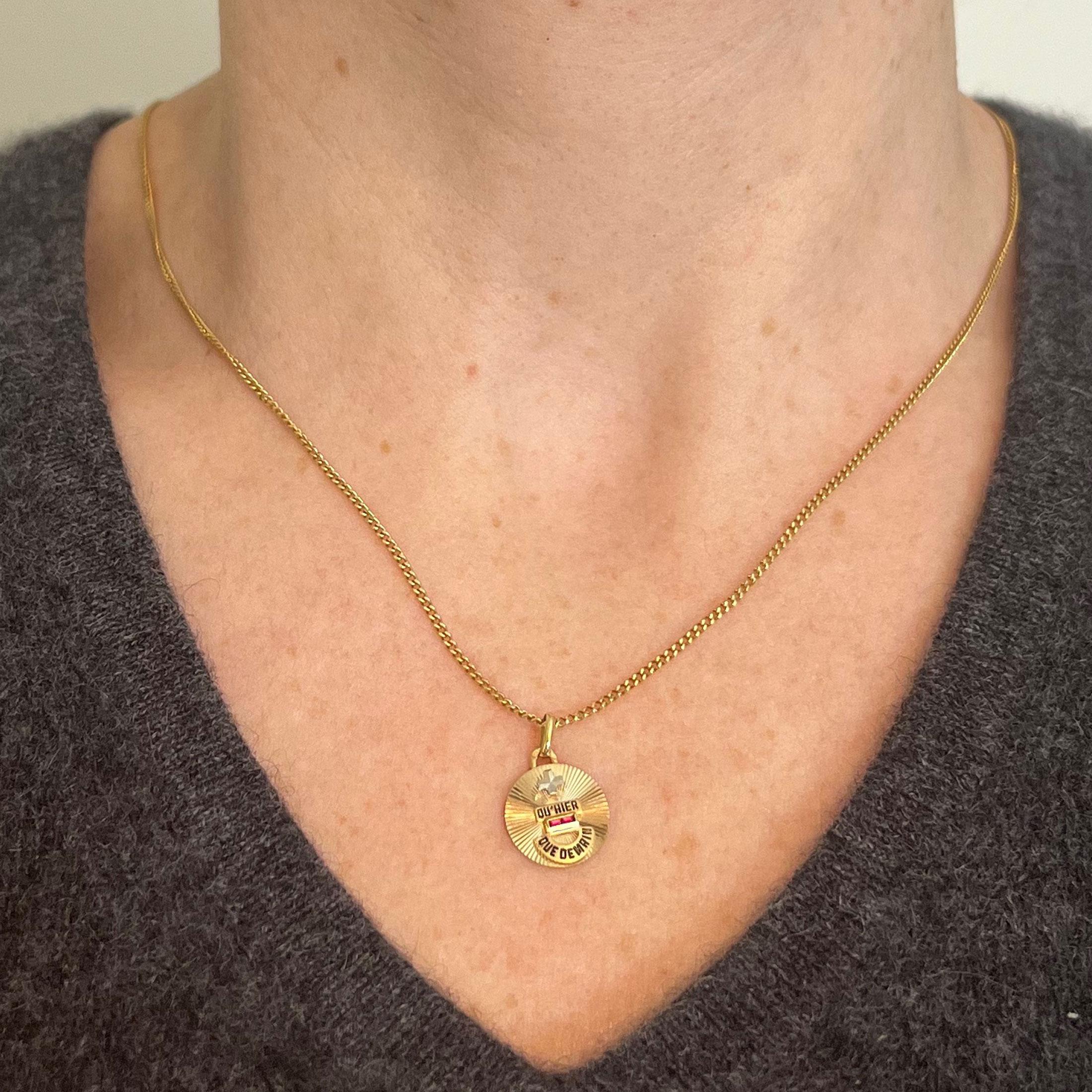 Augis Plus Qu’Hier 18K Yellow White Gold Enamel Lab Created Ruby Love Pendant In Good Condition In London, GB