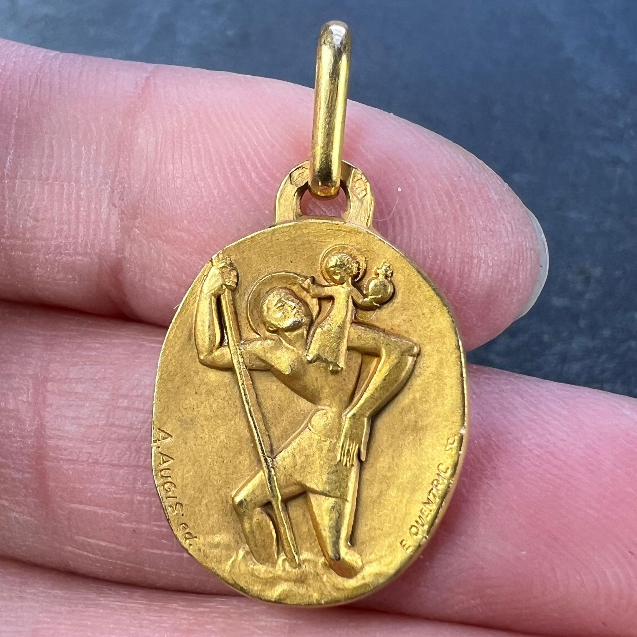 Augis Quentric French Saint Christopher 18K Yellow Gold Charm Pendant For Sale 1