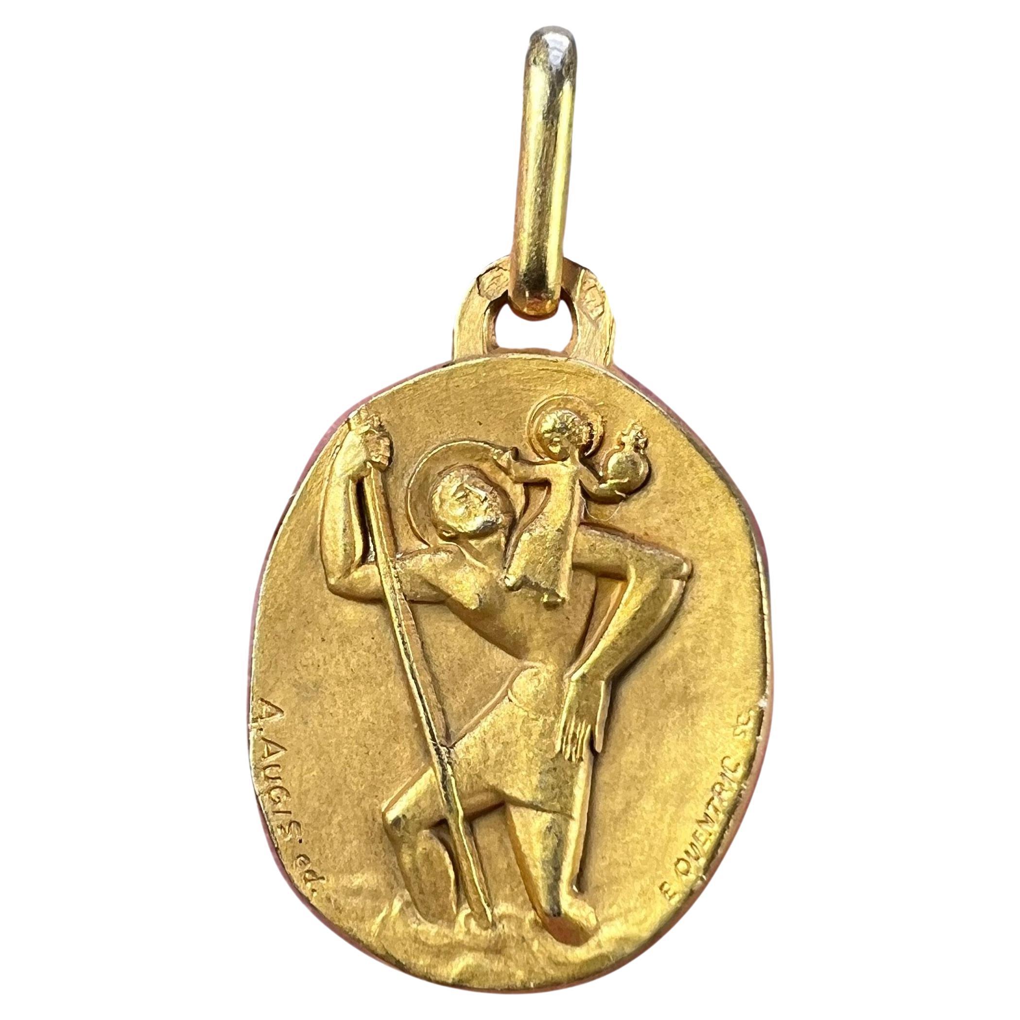 Augis Quentric French Saint Christopher 18K Yellow Gold Charm Pendant For Sale
