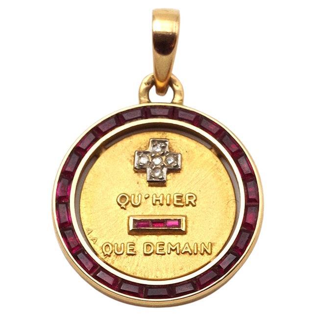 Augis Ruby Halo Love Pendant In 18 Karat Gold, Love Medal, Alphonse Augis