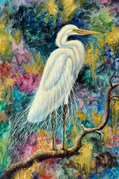 The Fauvist White Egret Painting, Oil on Canvas, Signed, 20th Century