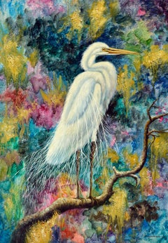 The Fauvist White Egret Painting, Oil on Canvas, Signed, 20th Century