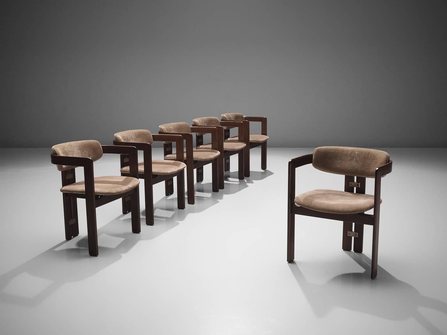 Augusto Savini for Pozzi, set of six 'Pamplona' dining room chairs, in beige grey fabric and stained ash, Italy, 1965. 

Set of six armchairs in ash and beige fabric upholstery. A characteristic design; simplistic yet very strong in lines and