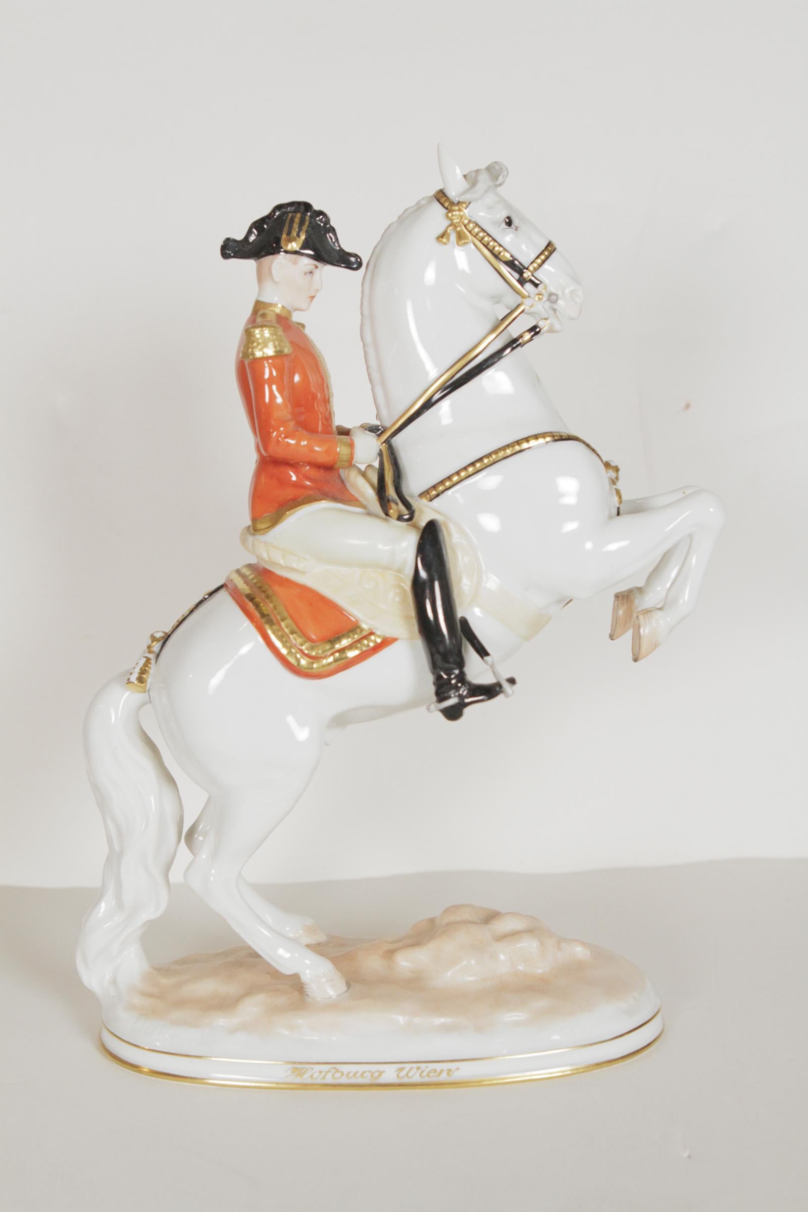 Augurten Royal Vienna porcelain “Lipizzaner Horse Riding School Courbette” circa 1930.
Dimensions: 8” W x 4” D x 12” H