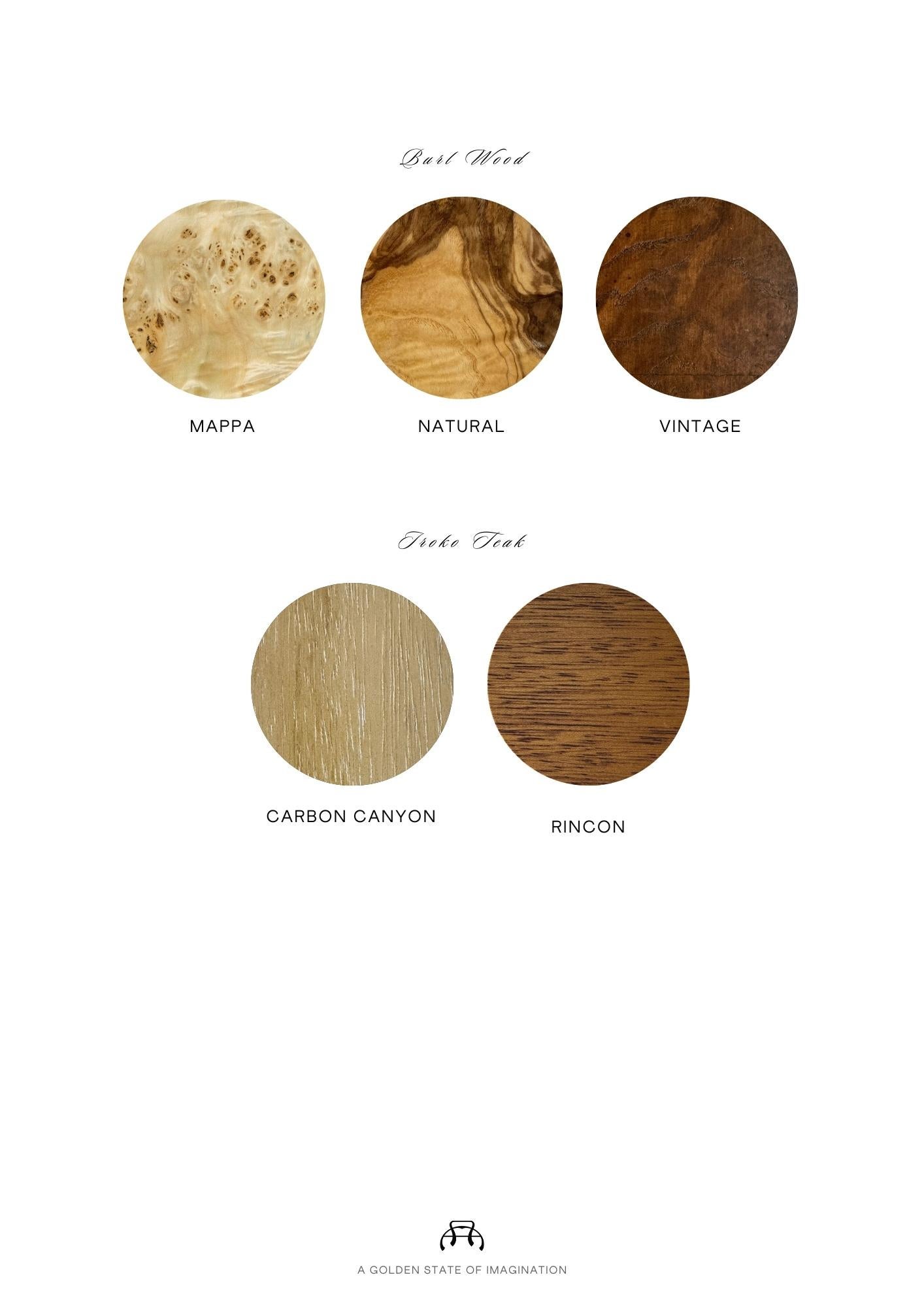 Finish samples are sold per sample, not as a set. When ordering, please specify which finish you'd like. 

Please keep in mind the natural variation inherent to wood. Stained pieces may vary by 10% from the sample provided. Burl wood is unique and
