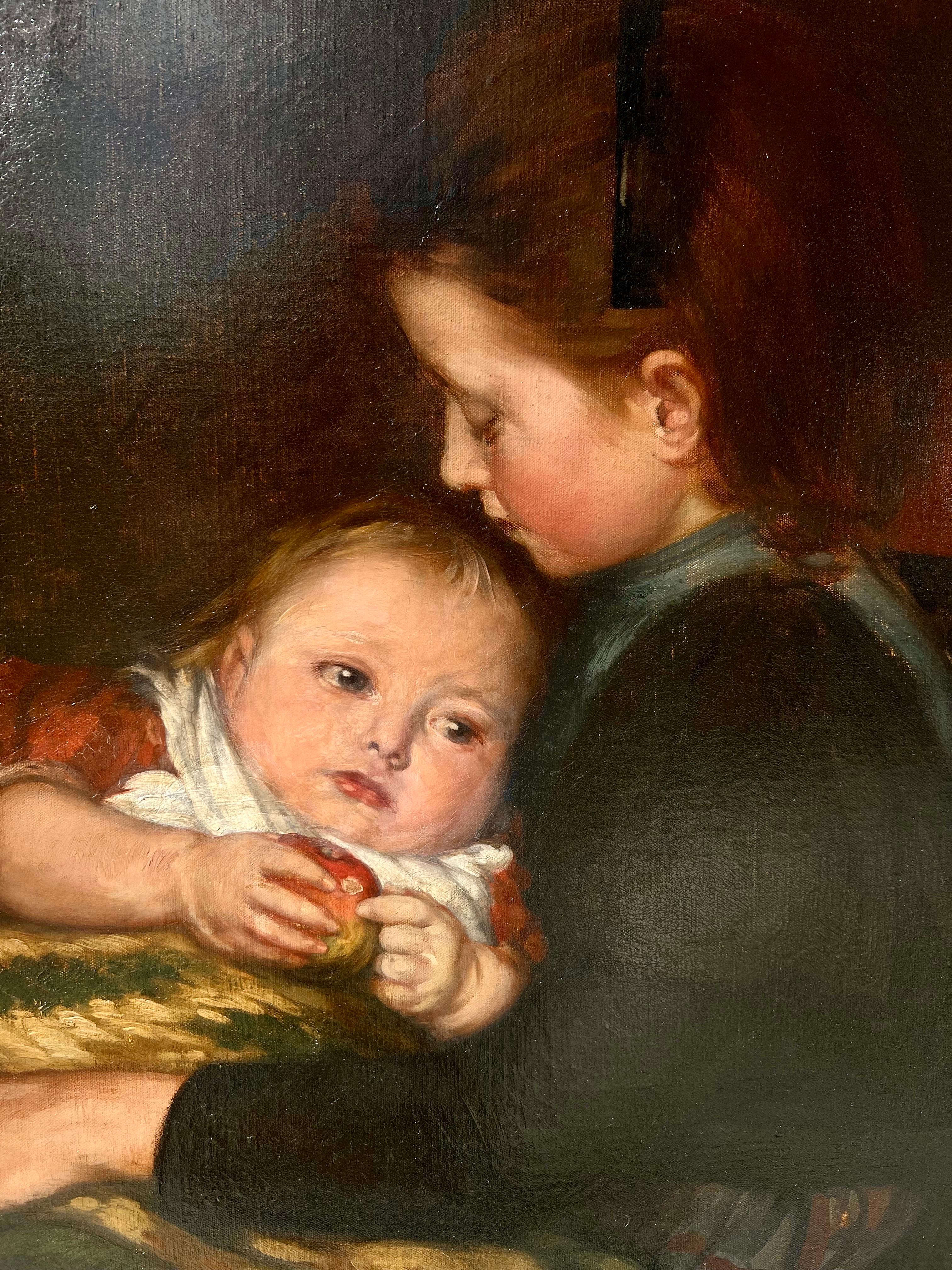 Large oil from 1902 - German school - Portrait of Sisterly love - Sisters Family - Romantic Painting by August Algermissen