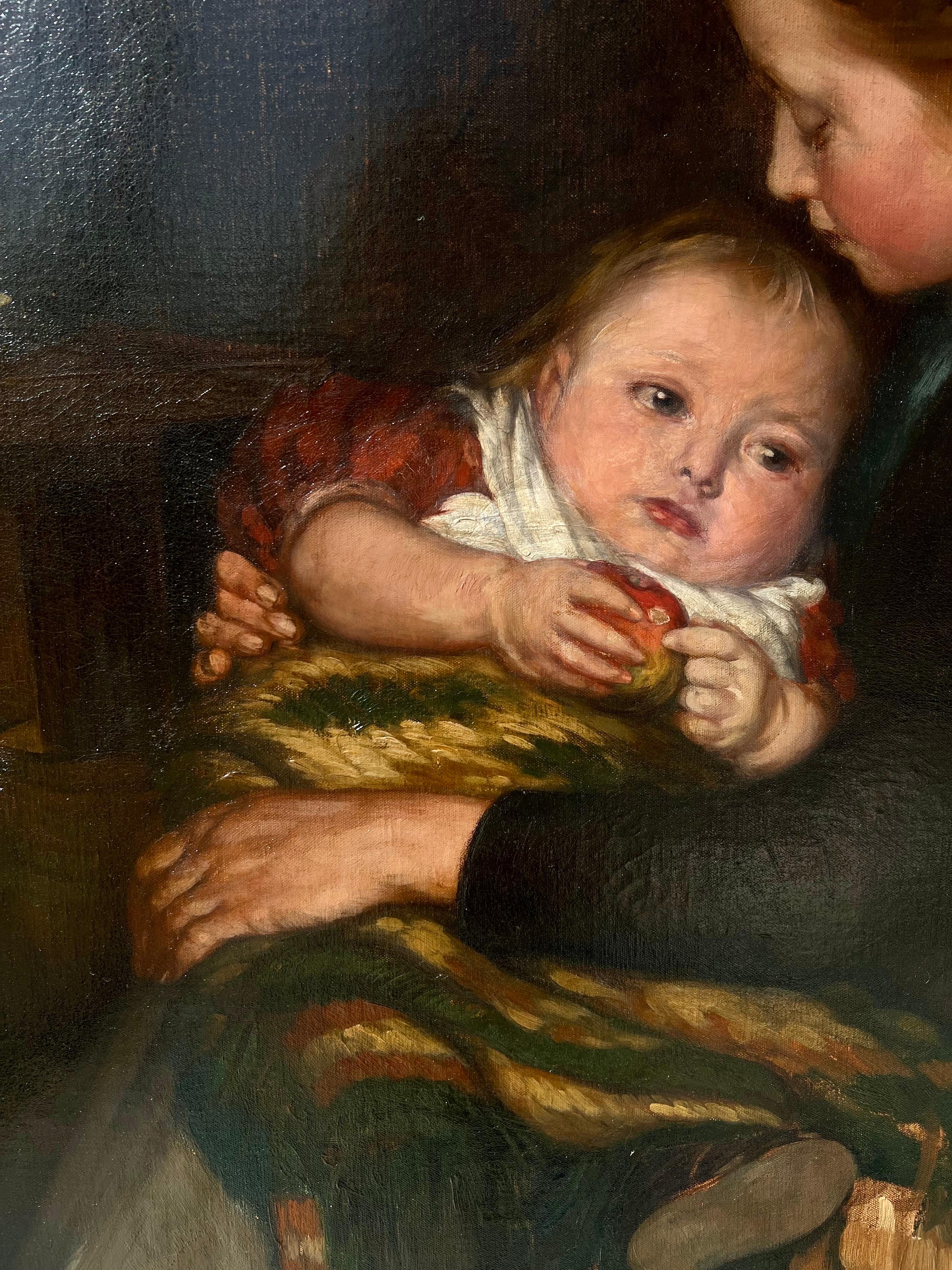 Large oil from 1902 - German school - Portrait of Sisterly love - Sisters Family - Black Figurative Painting by August Algermissen