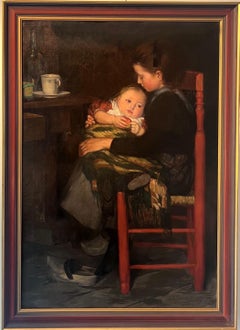 Gran óleo de 1902 - German School - Retrato de amor fraternal - Familia de hermanas