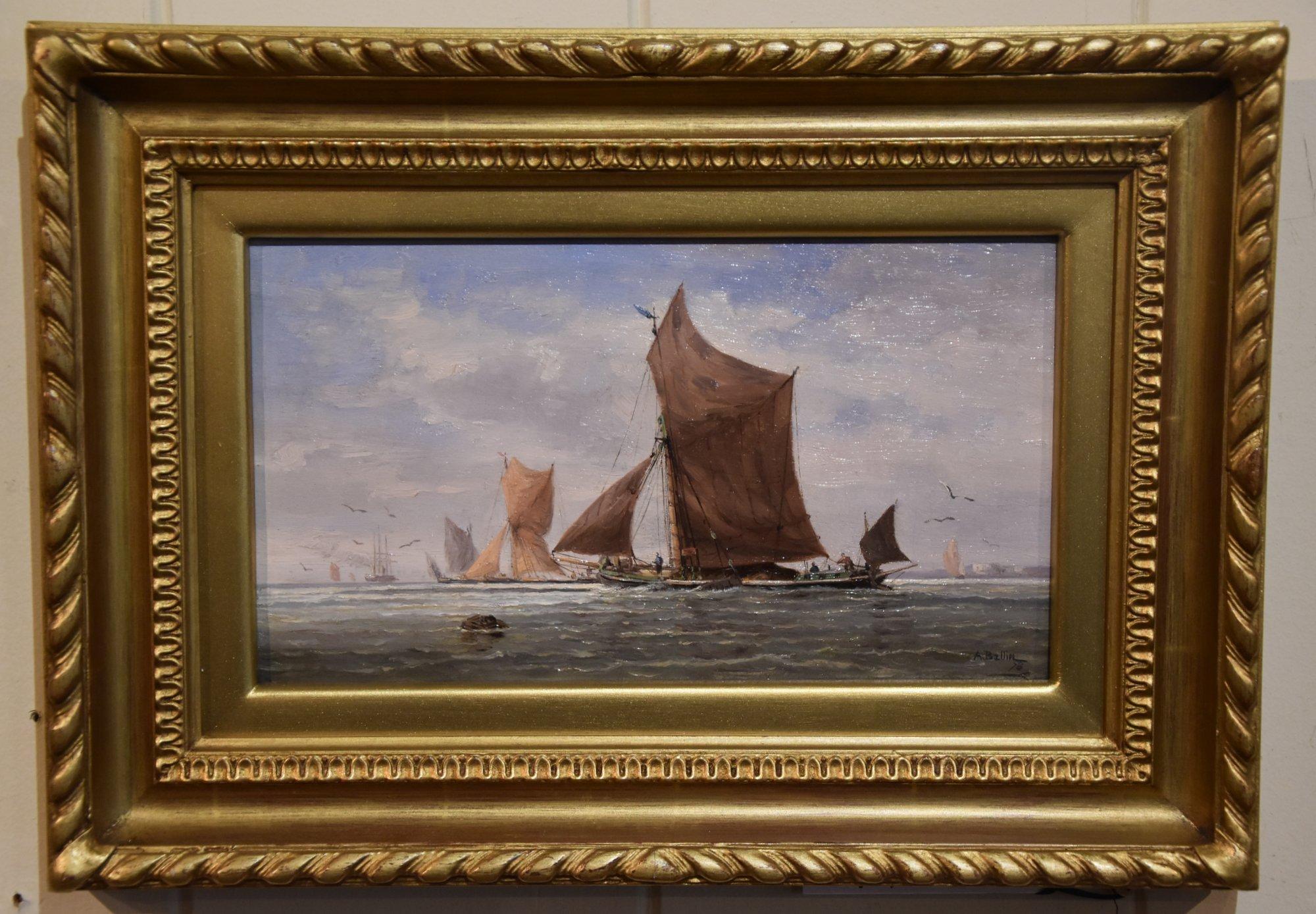 Landscape Painting di August Ballin - Pittura ad olio di Auguste Ballin  "Chiatte del Tamigi"