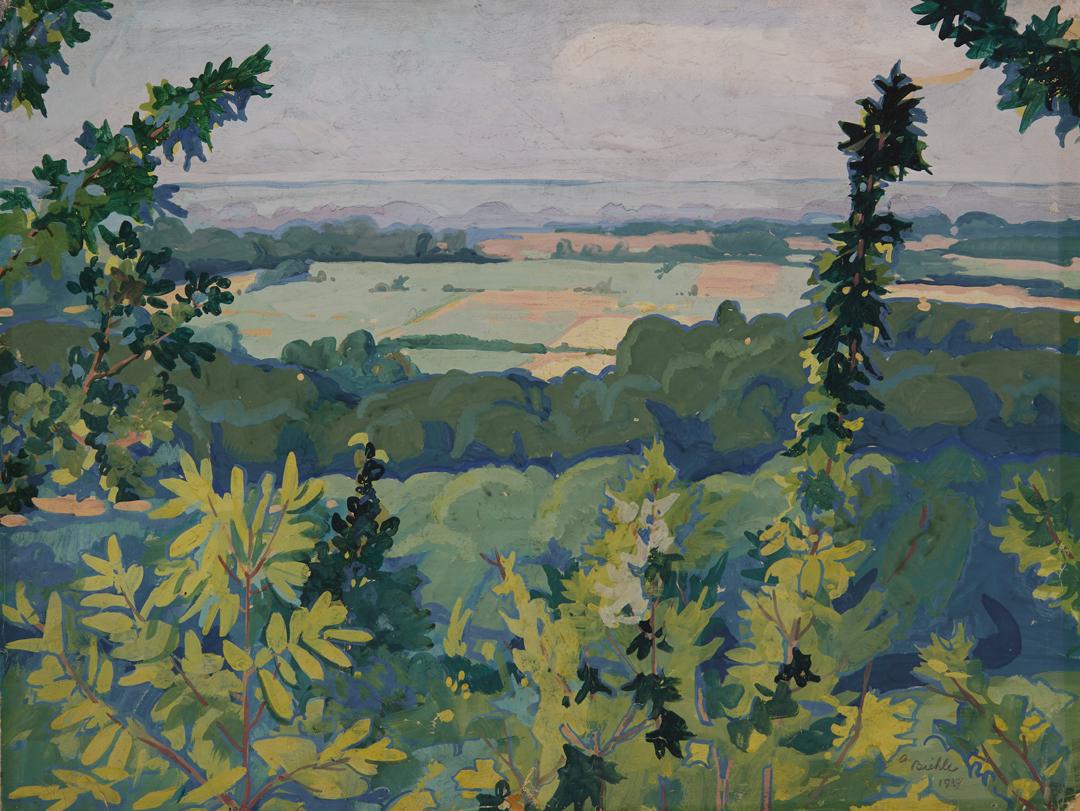 Berlin Heights, Ohio in Richtung Eriesee, Landschaft mit Bäumen und Feldern – Painting von August Biehle