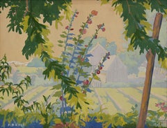 Farm Landscape with Hollyhock Flowers & Field