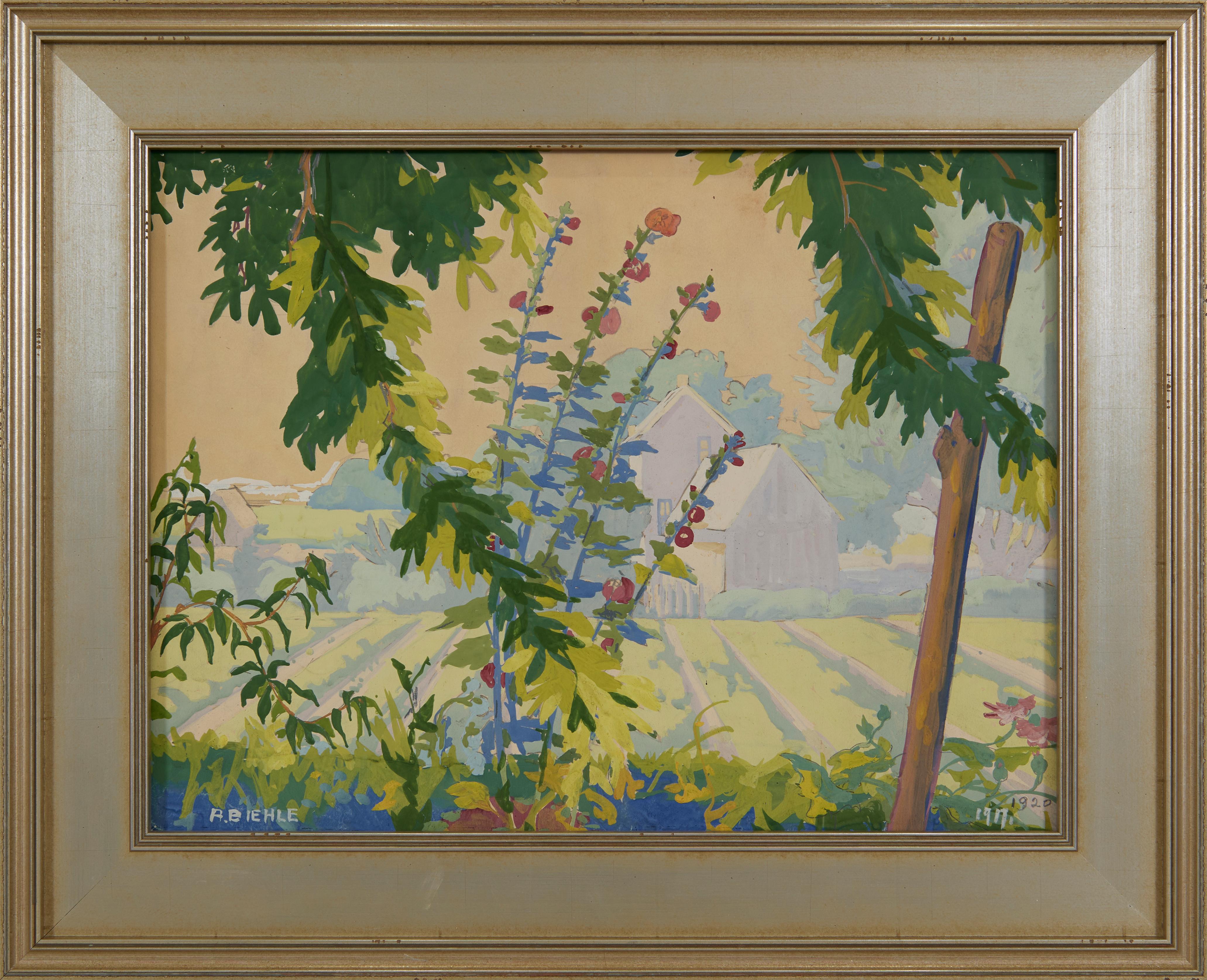 Landscape Painting August Biehle - Paysage de ferme avec fleurs de roses trémières et champ