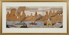 Lake Erie Skyline Expo Sketch Tryptic, World's Fair, Cleveland School Artist