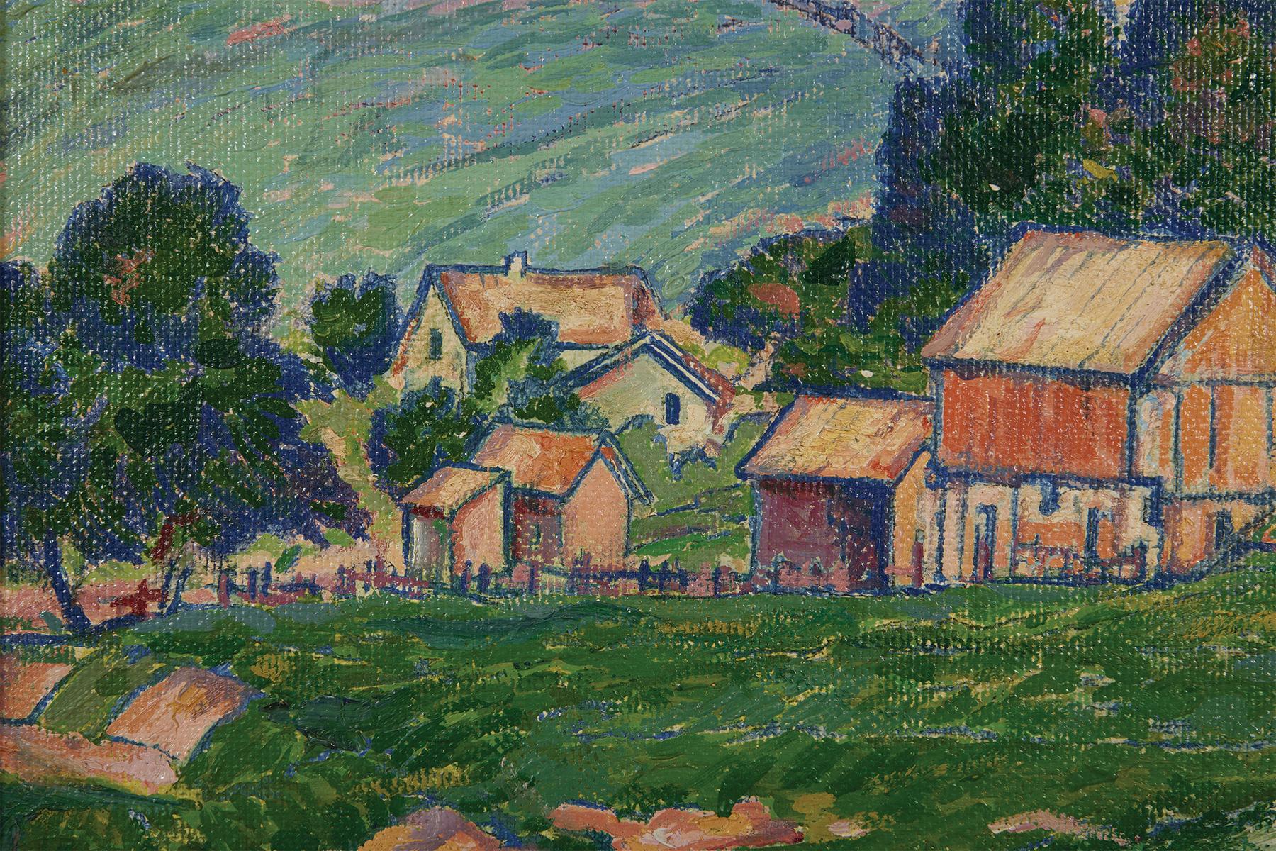 August Frederick Biehle (1885-1979)
Farm in Berlin Heights, c. 1930
Oil on masonite
Signed lower right
22 x 30 inches
27.75 x 36 inches, framed

A versatile painter who worked in a variety of genres and styles, August Biehle was active in Cleveland