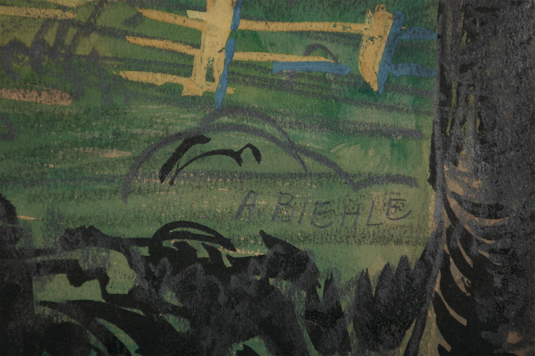 Farm Landscape, Zoar, Ohio, Early 20th Century - Brown Landscape Painting by August F. Biehle