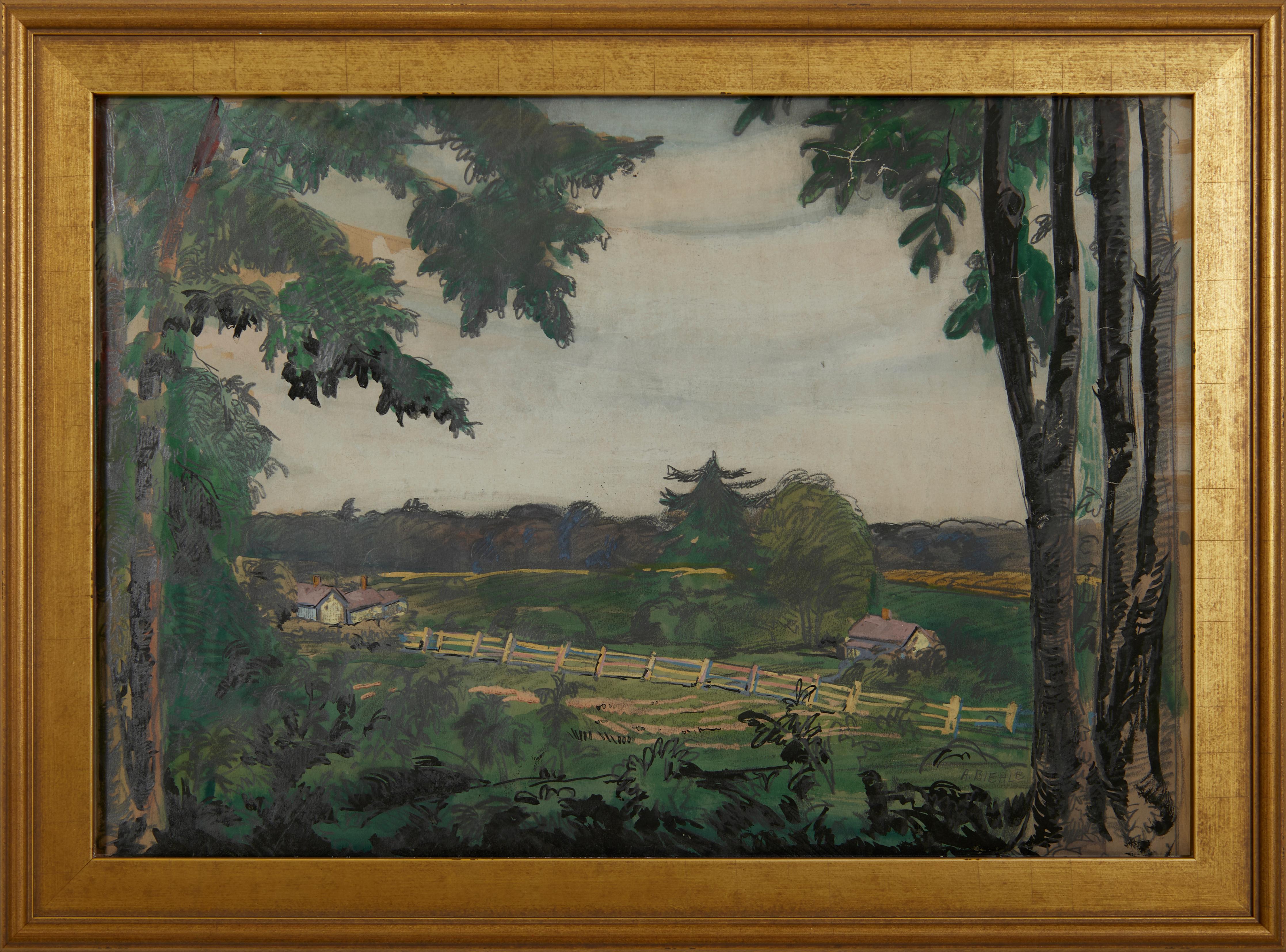 August F. Biehle Landscape Painting - Farm Landscape, Zoar, Ohio, Early 20th Century