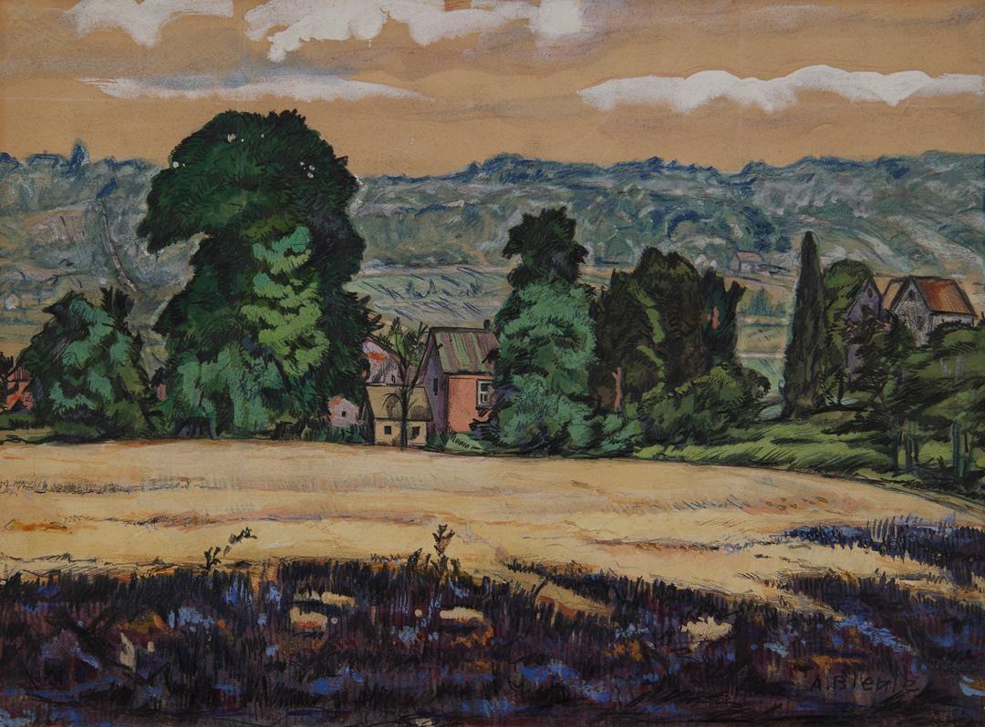 Maisons à Zoar, Ohio Paysage, début du 20e siècle École de Cleveland - Art de August F. Biehle