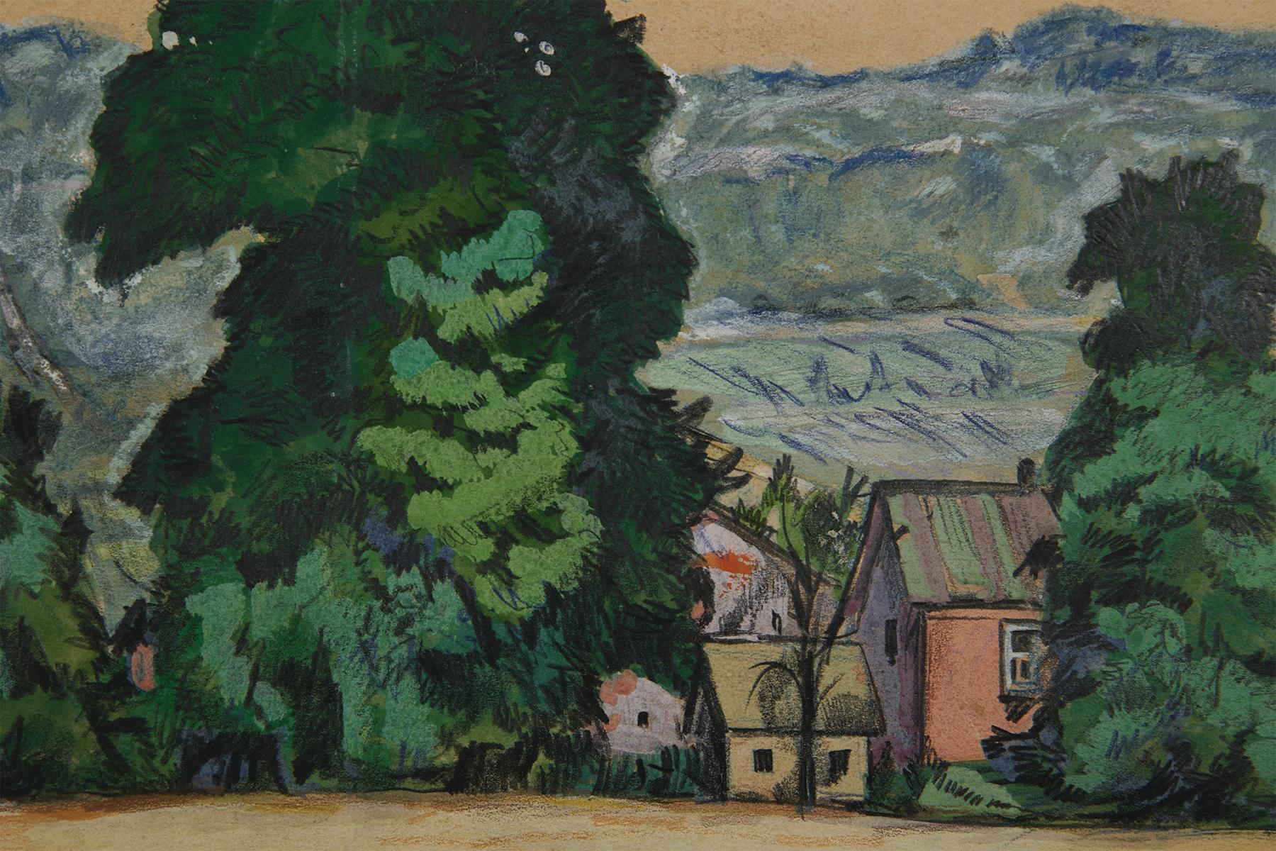 Maisons à Zoar, Ohio Paysage, début du 20e siècle École de Cleveland - Noir Landscape Art par August F. Biehle