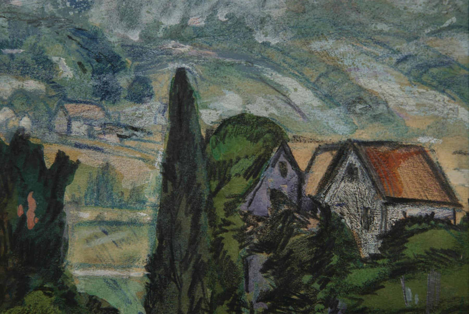 August Frederick Biehle (1885-1979)
Maisons à Zoar, C.C. 1921
Gouache, crayon litho, crayon de couleur et mine de plomb sur papier
Signé en bas à droite
14 x 19 pouces
20.25 x 20.25 pouces, encadré

Peintre polyvalent qui a travaillé dans une