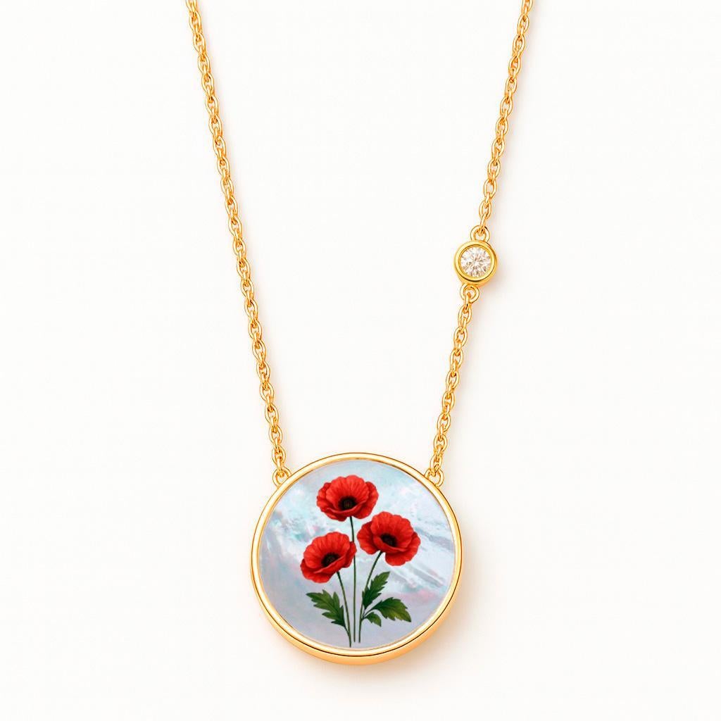 Pendentif fleur du mois d'août / Pendentif fleur de coquelicot peint sur nacre / Pendentif rond en nacre, moissanite, dessin de fleur. Bijoux Zodiac.
Collier pour femmes, argent 925, nacre ciselée.



Nous pouvons également dessiner n'importe quelle