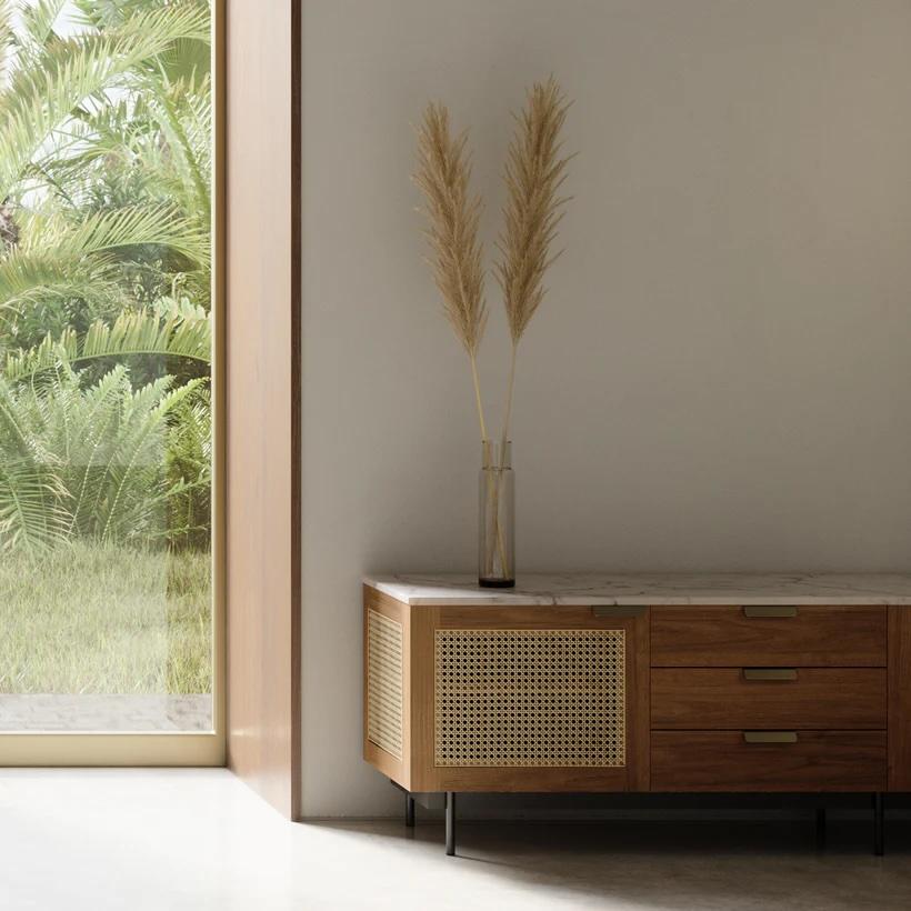 Contemporary August Cabinet - Mid Century Inspired credenza or sideboard in solid teak For Sale