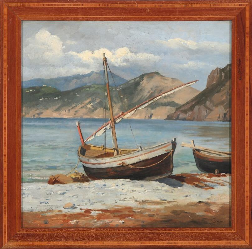 Peint à la main August Fischer Boats Pulled Ashore, Capri, signé/daté d'août. Fischer Capri 89 en vente