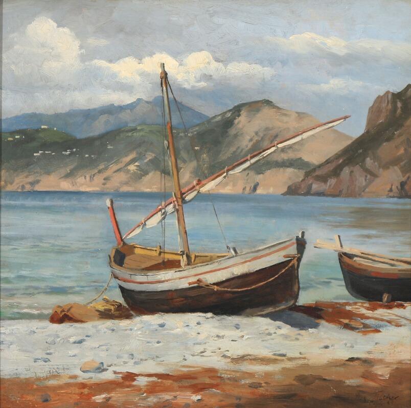 Hand-Painted August Fischer Boats Pulled Ashore, Capri, Signed/Dated Aug. Fischer Capri 89 For Sale