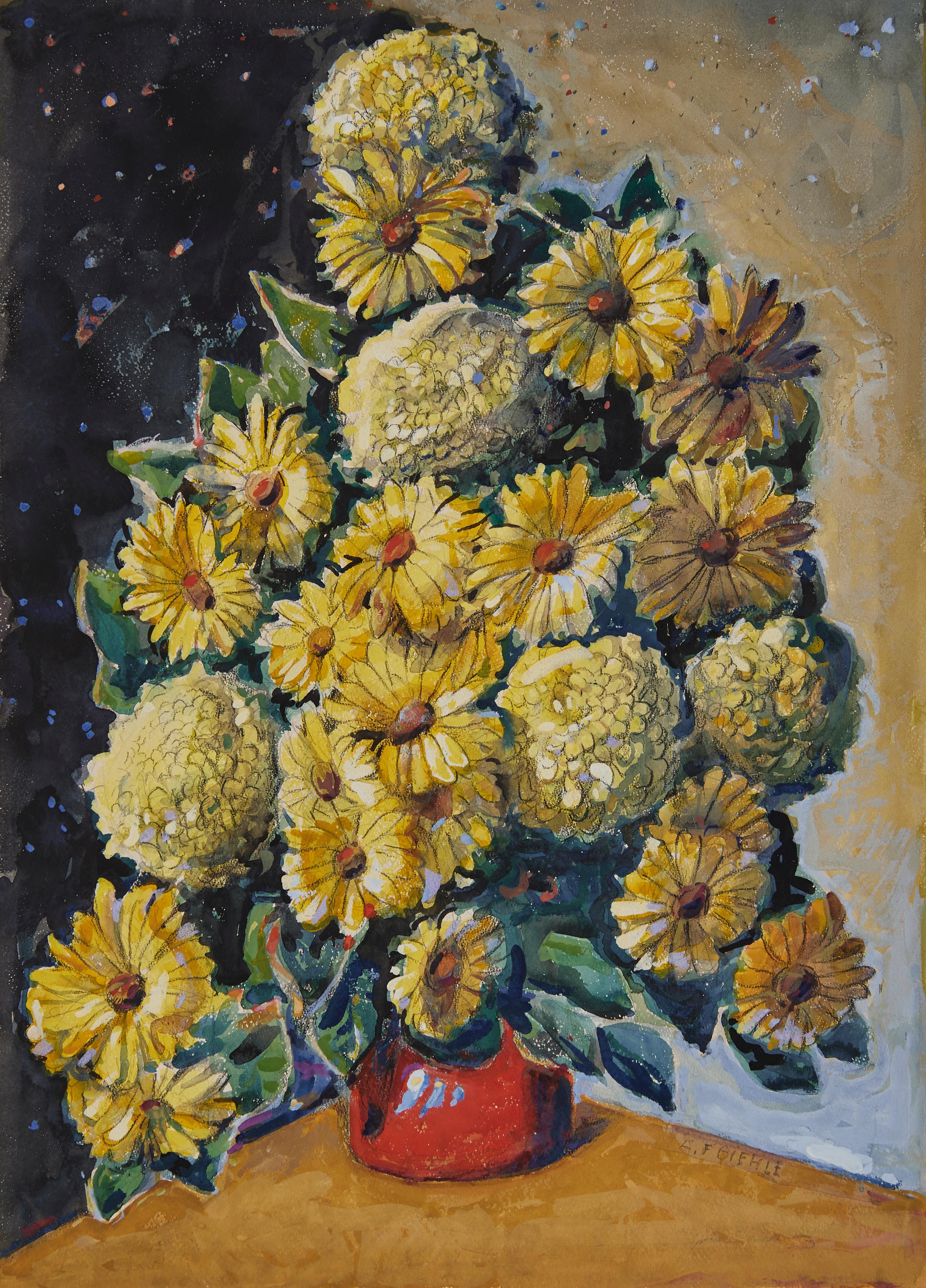 Chrysanthèmes et marguerites Gerbera, grande nature morte florale - Painting de August Frederick Biehle